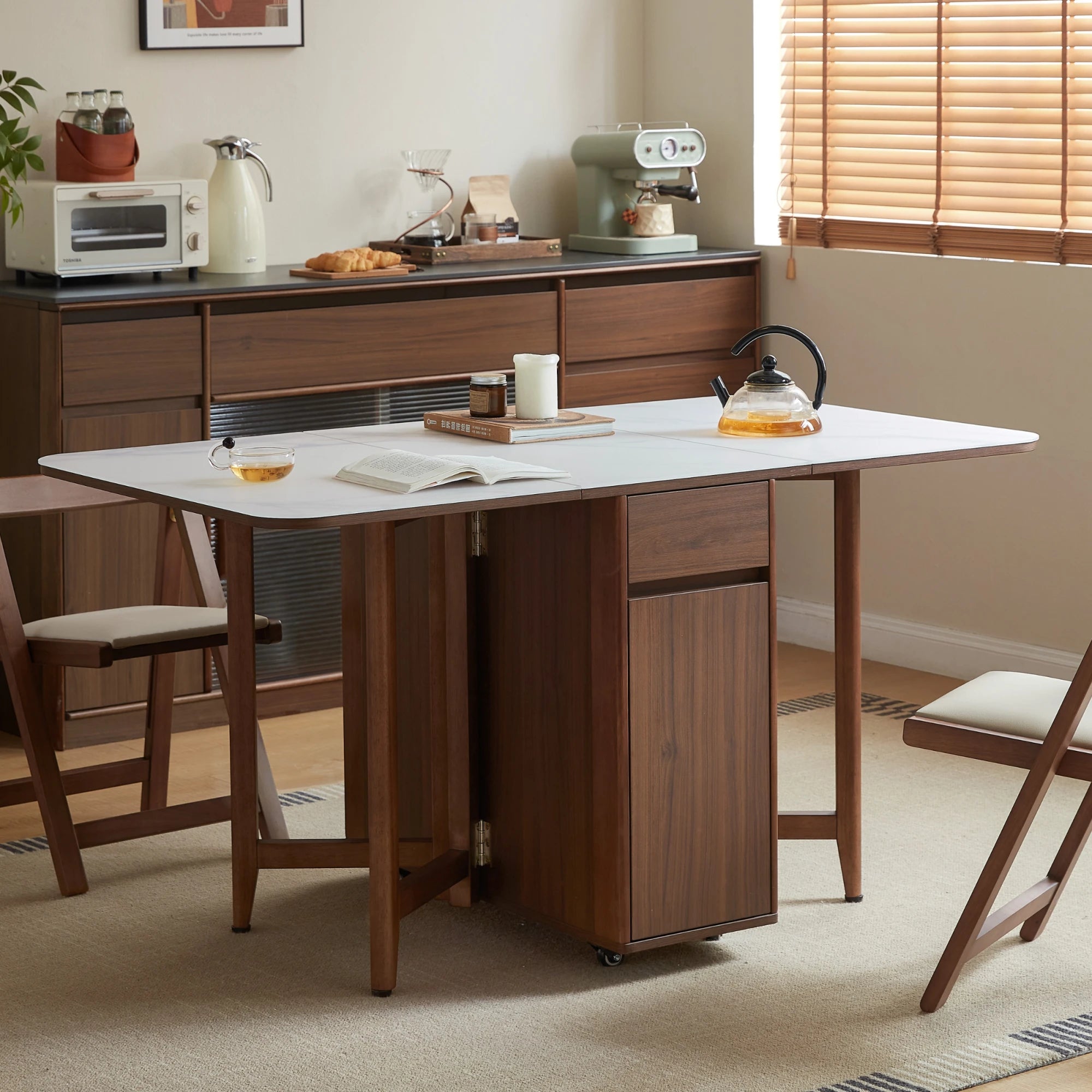 Linspire Ursula Folding Glass-Top Dining Table on Casters with Storage
