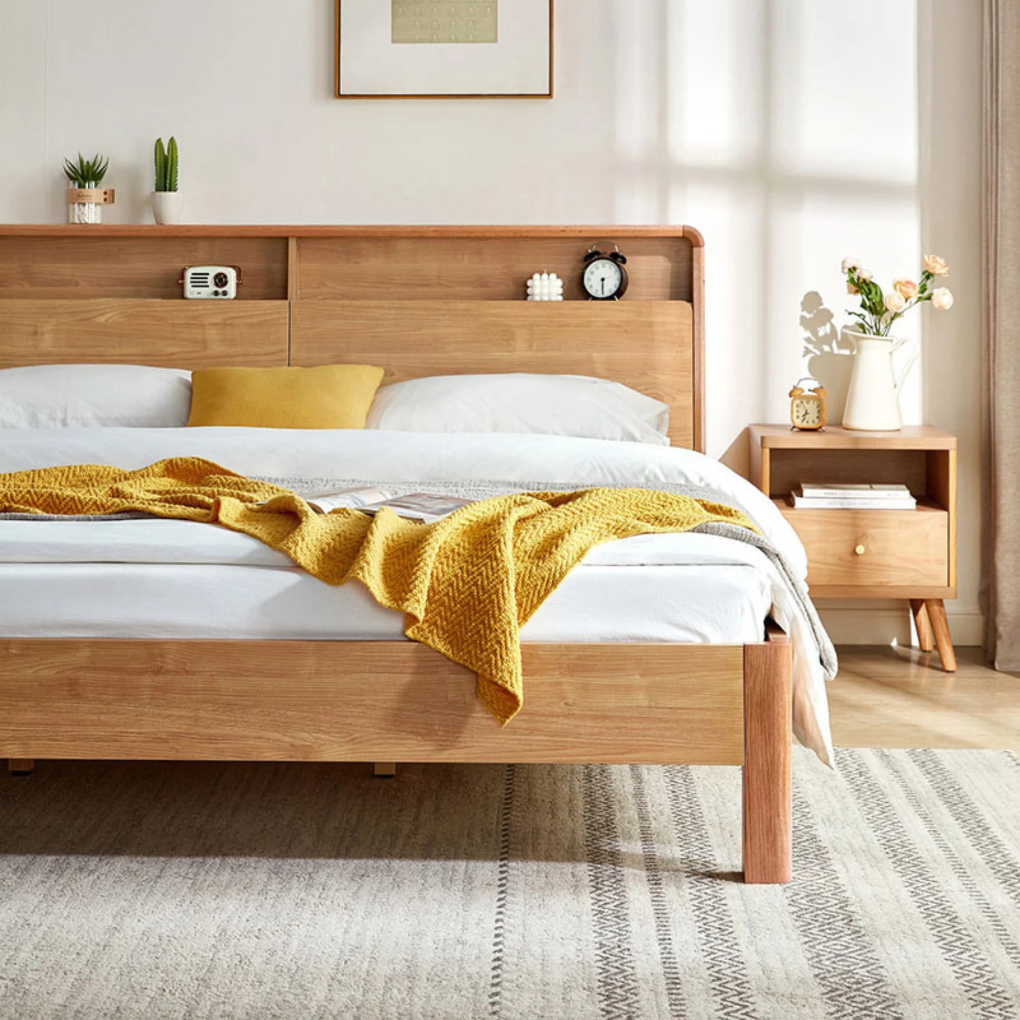 Linspire Aspire Bed Frame With Storage Headboard, Natural Wood