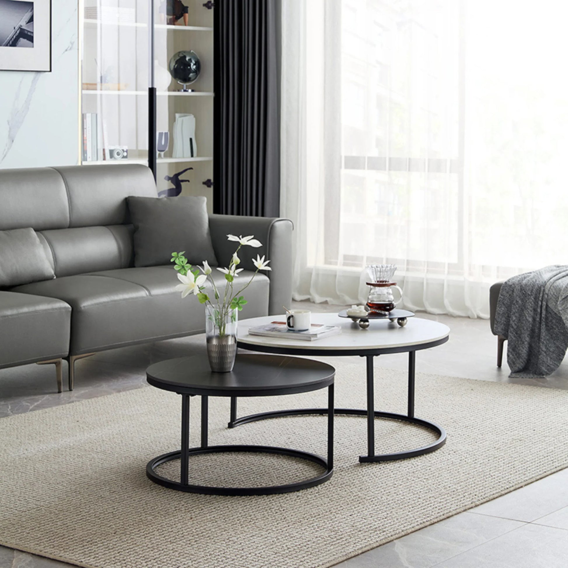 Linspire Eclipse Nesting Coffee Table with Sintered Marble Top, Set of 2, White & Black