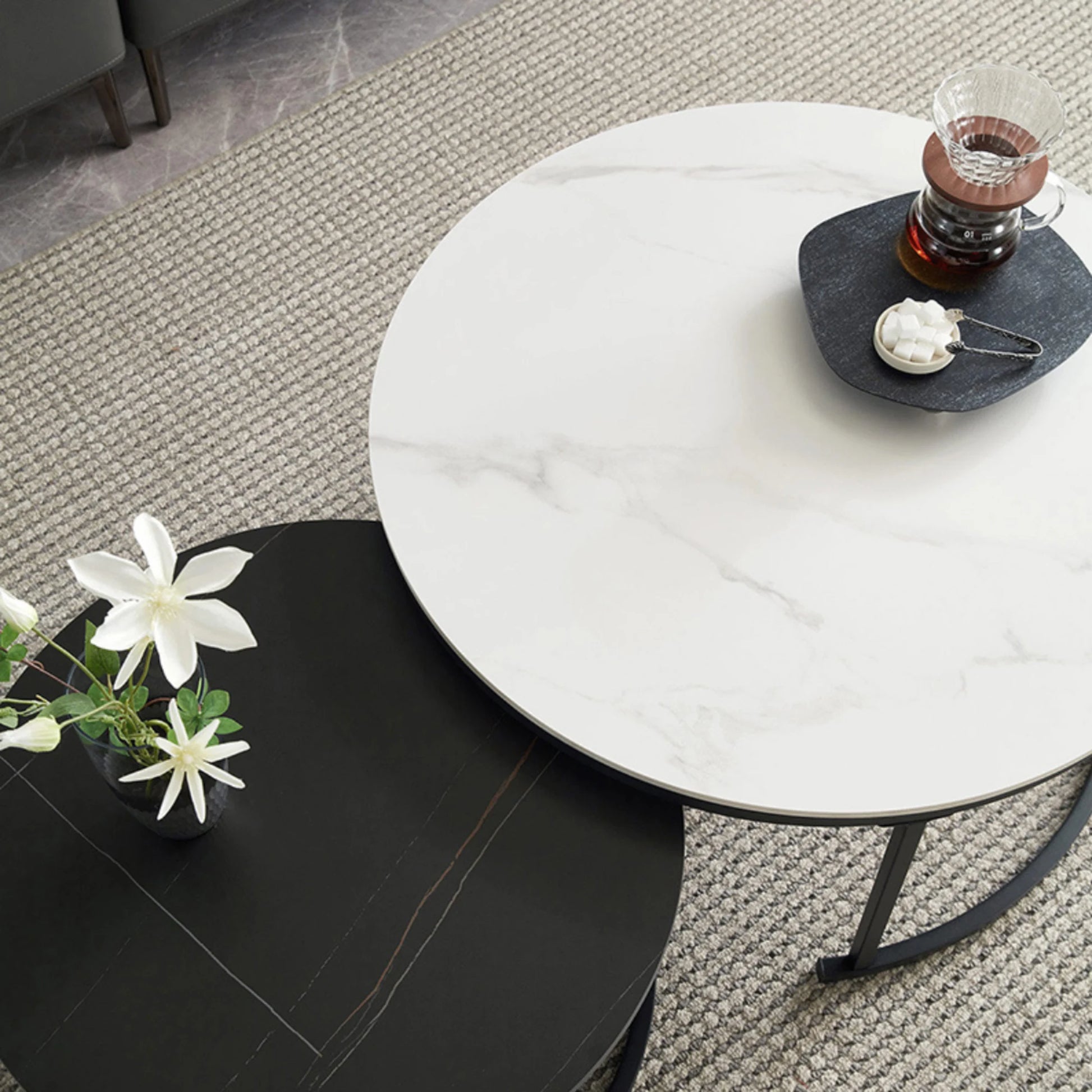 Linspire Eclipse Nesting Coffee Table with Sintered Marble Top, Set of 2, White & Black