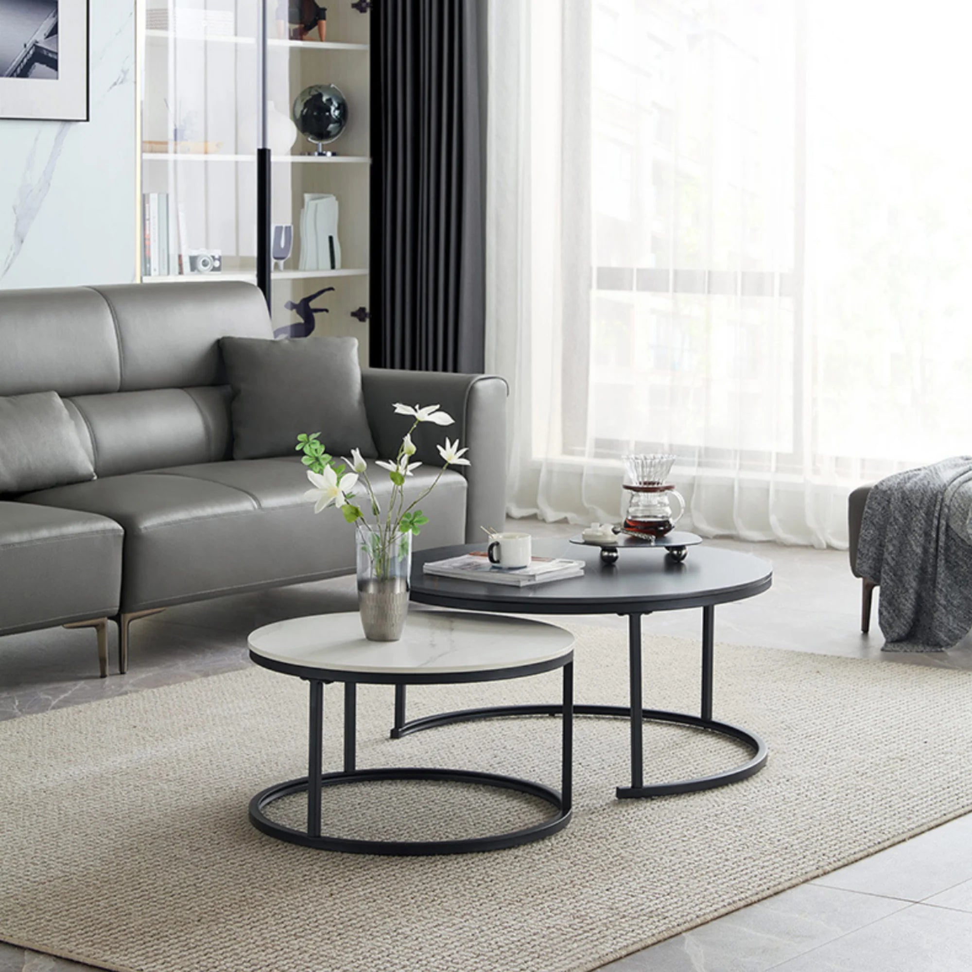 Linspire Eclipse Nesting Coffee Table with Sintered Marble Top, Set of 2, Black & White