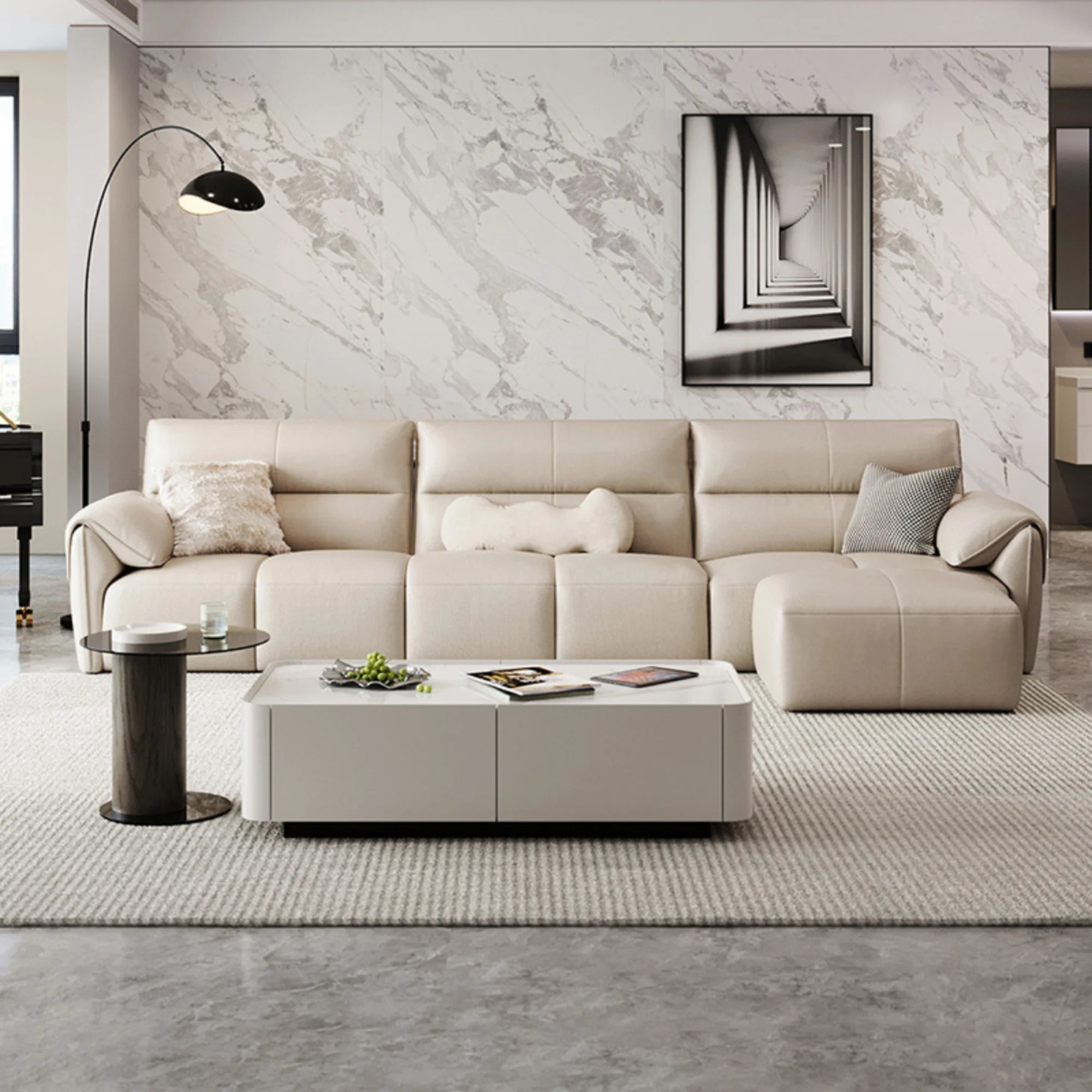 Linspire Plume Leather 5-Seater Sofa with Ottoman, Sand