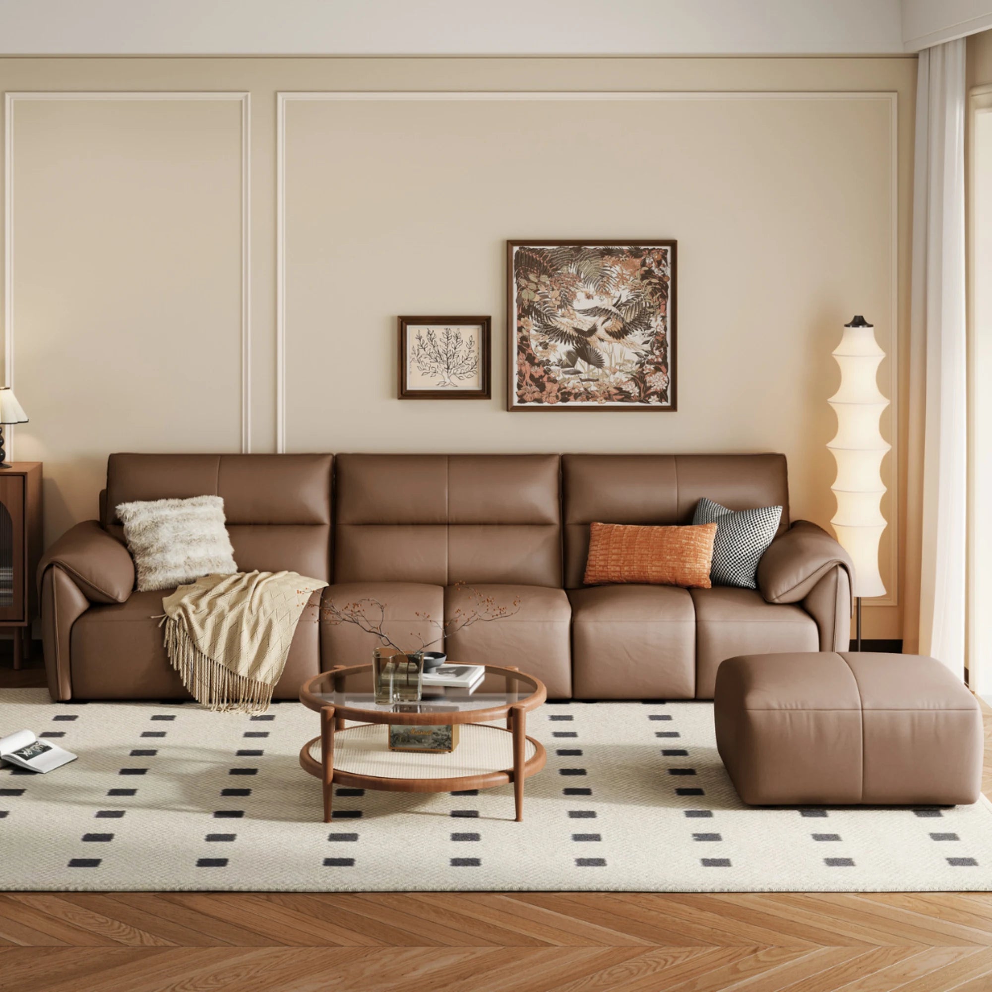 Linspire Plume Leather 5-Seater Sofa with Ottoman, Caramel