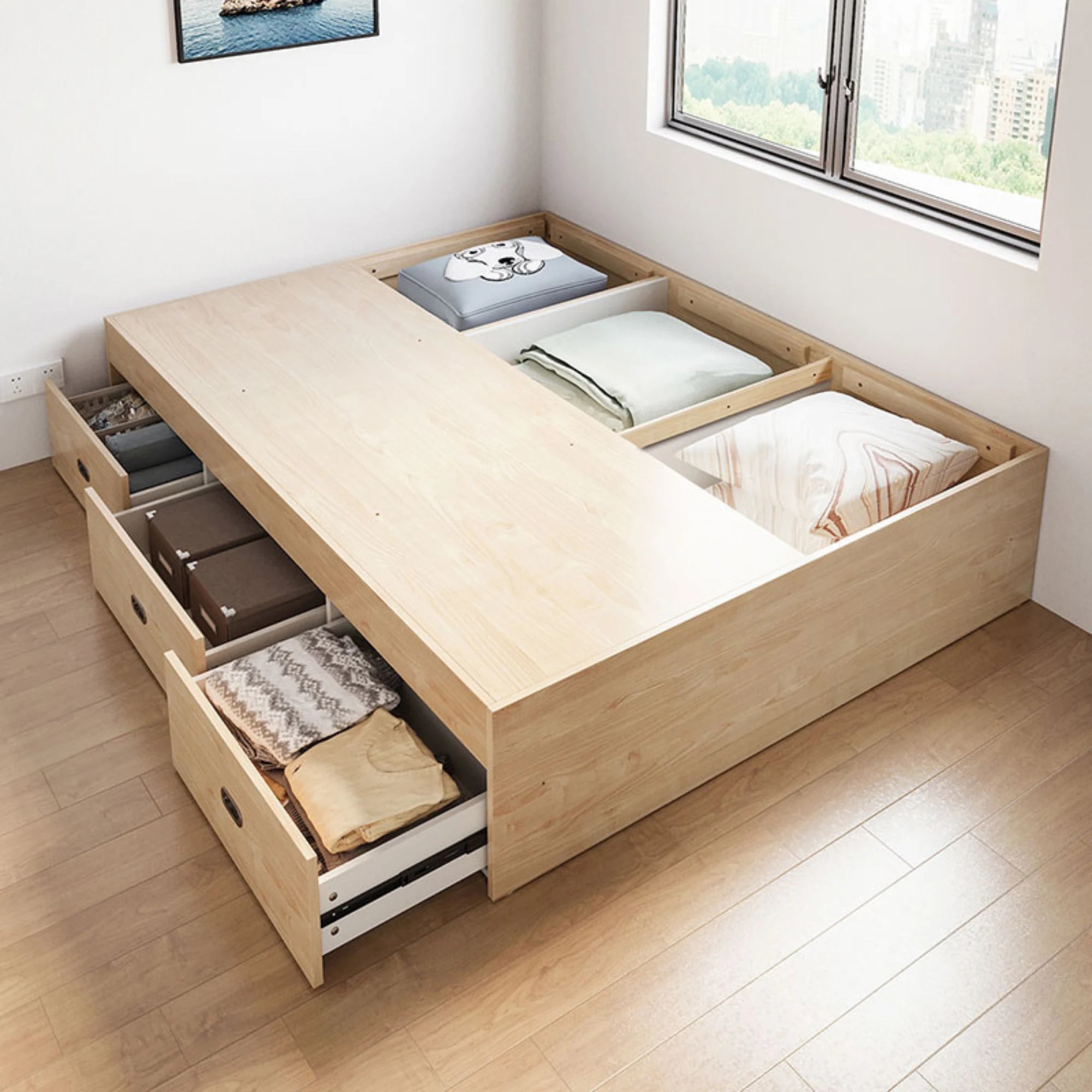 Linspire Royale Global Short Queen Bed Base with Storage Drawers, Natural Wood