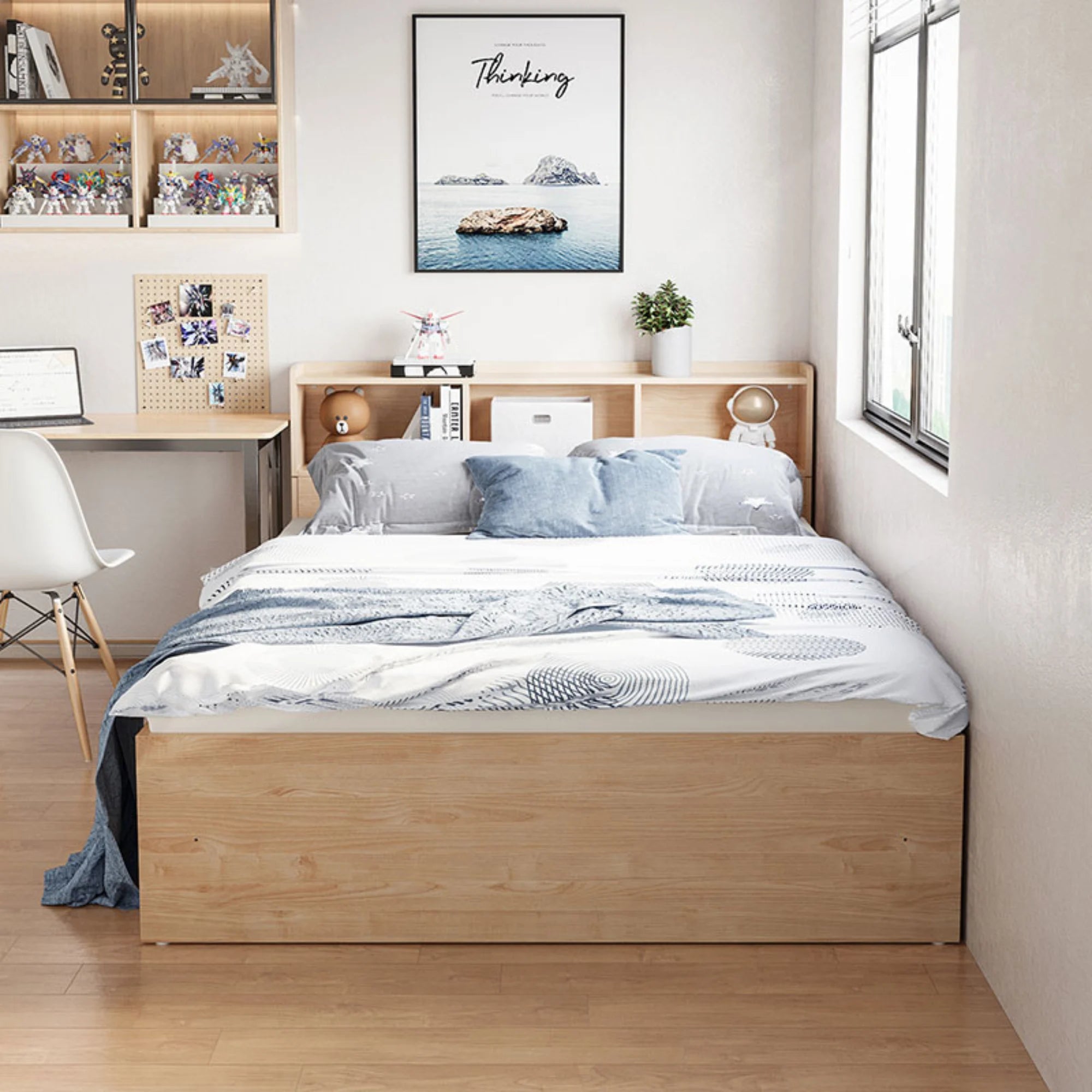 Linspire Royale Global Short Queen Bed Frame with Storage Headboard, Natural Wood