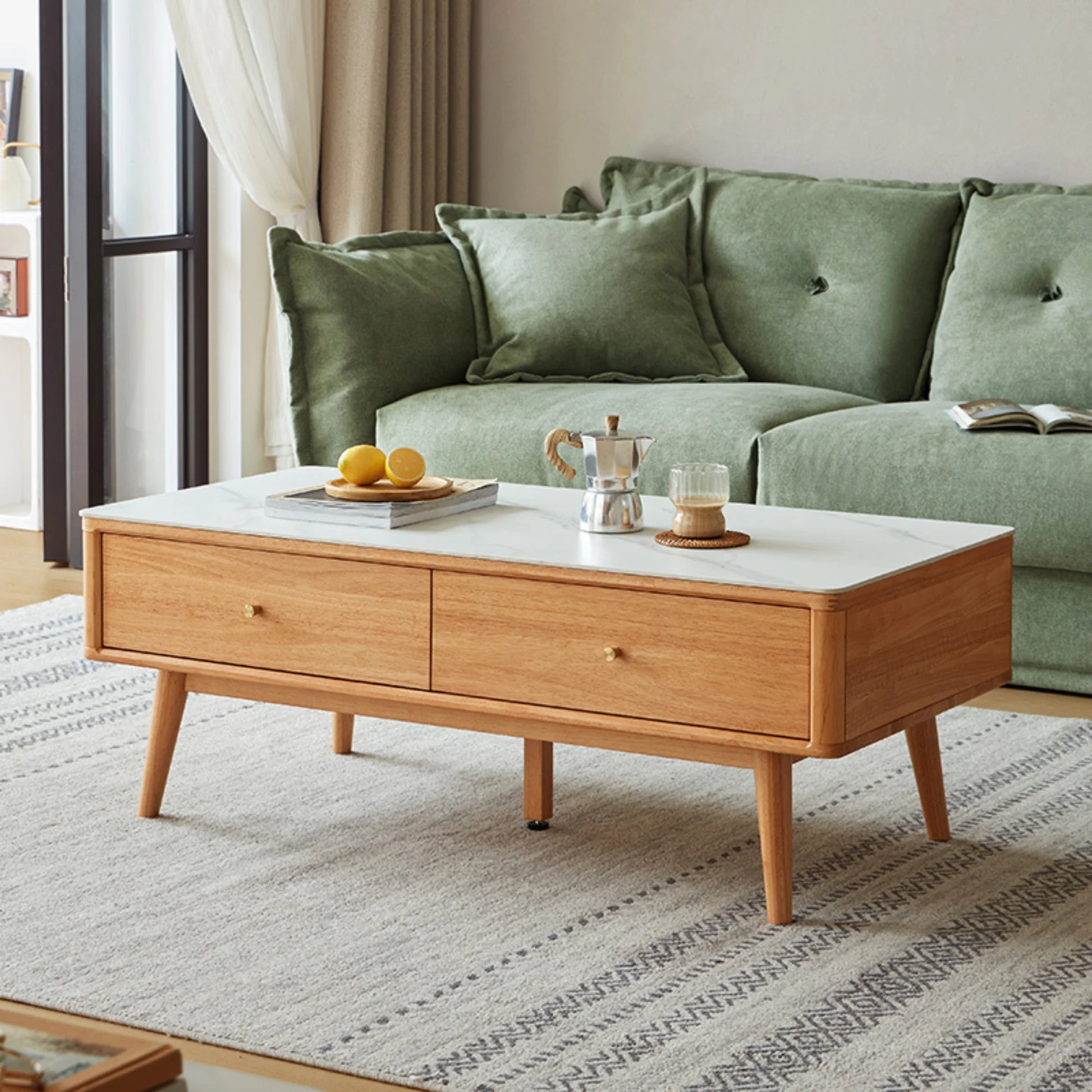 Linspire Ventus Solid Wood Coffee Table with Sintered Marble Top, Natural Wood