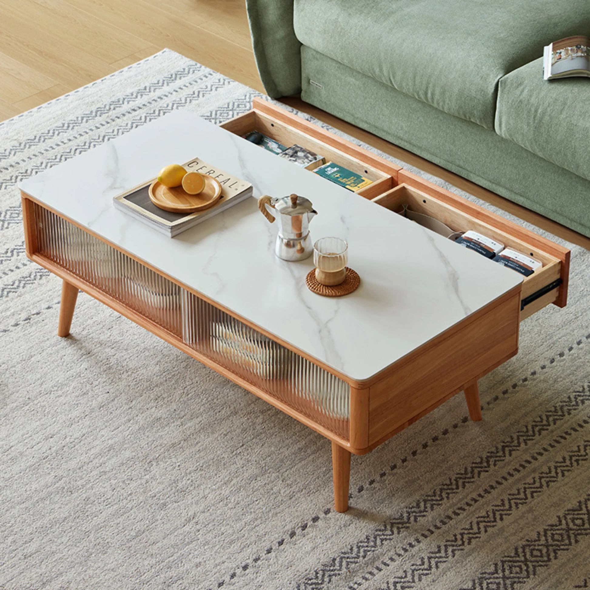 Linspire Ventus Solid Wood Coffee Table with Sintered Marble Top, Natural Wood