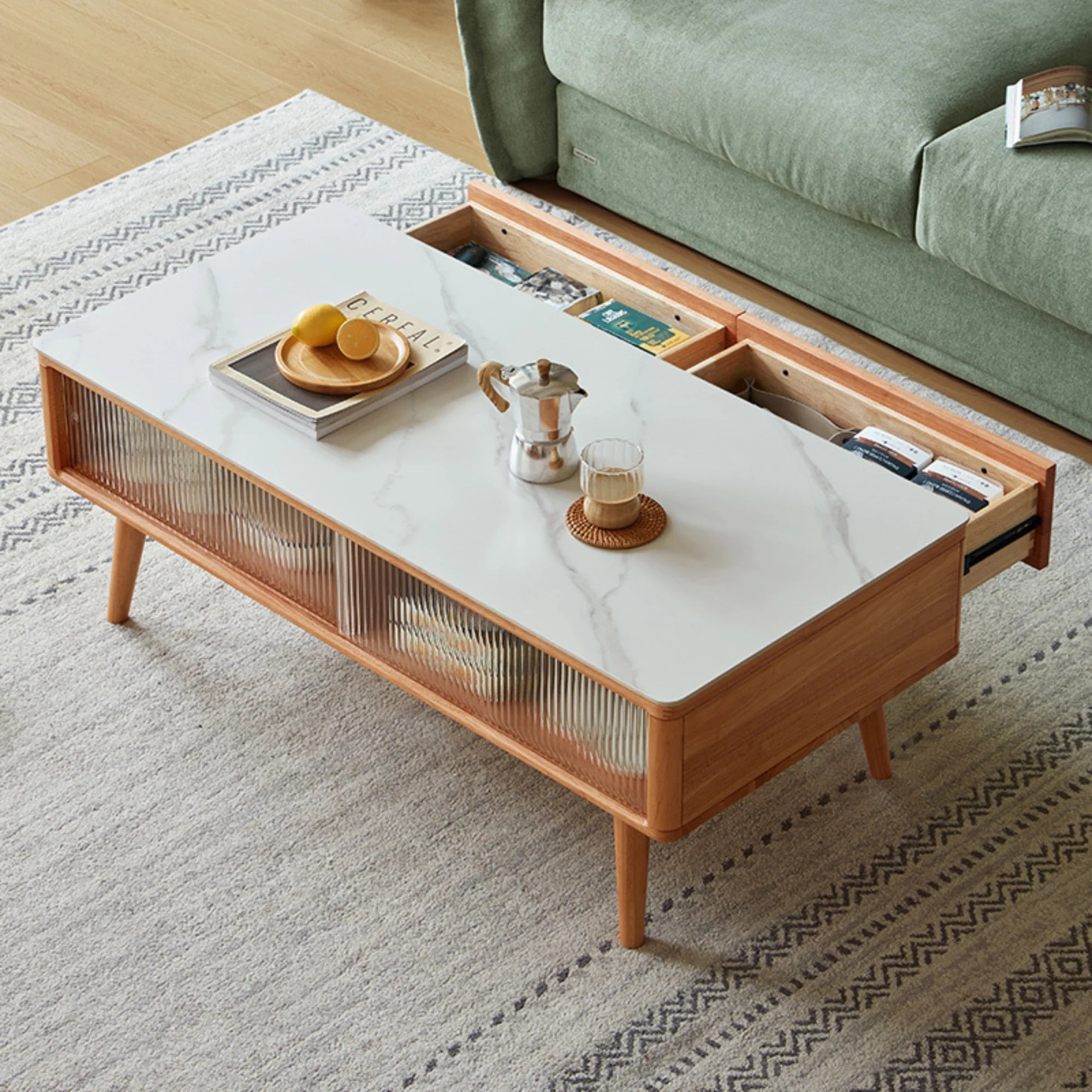 Linspire Ventus Solid Wood Coffee Table with Sintered Marble Top, Natural Wood