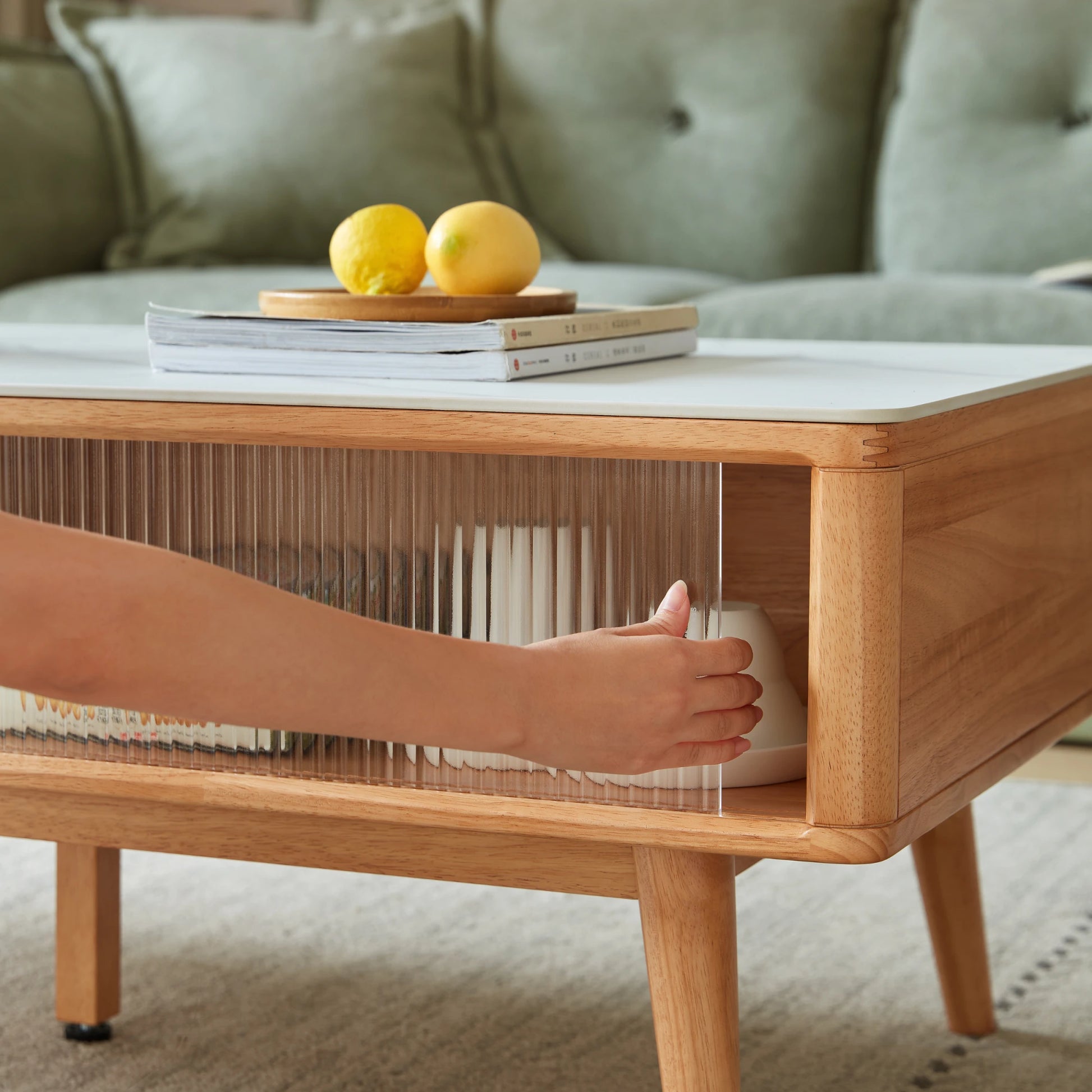 Linspire Ventus Solid Wood Coffee Table with Sintered Marble Top, Natural Wood