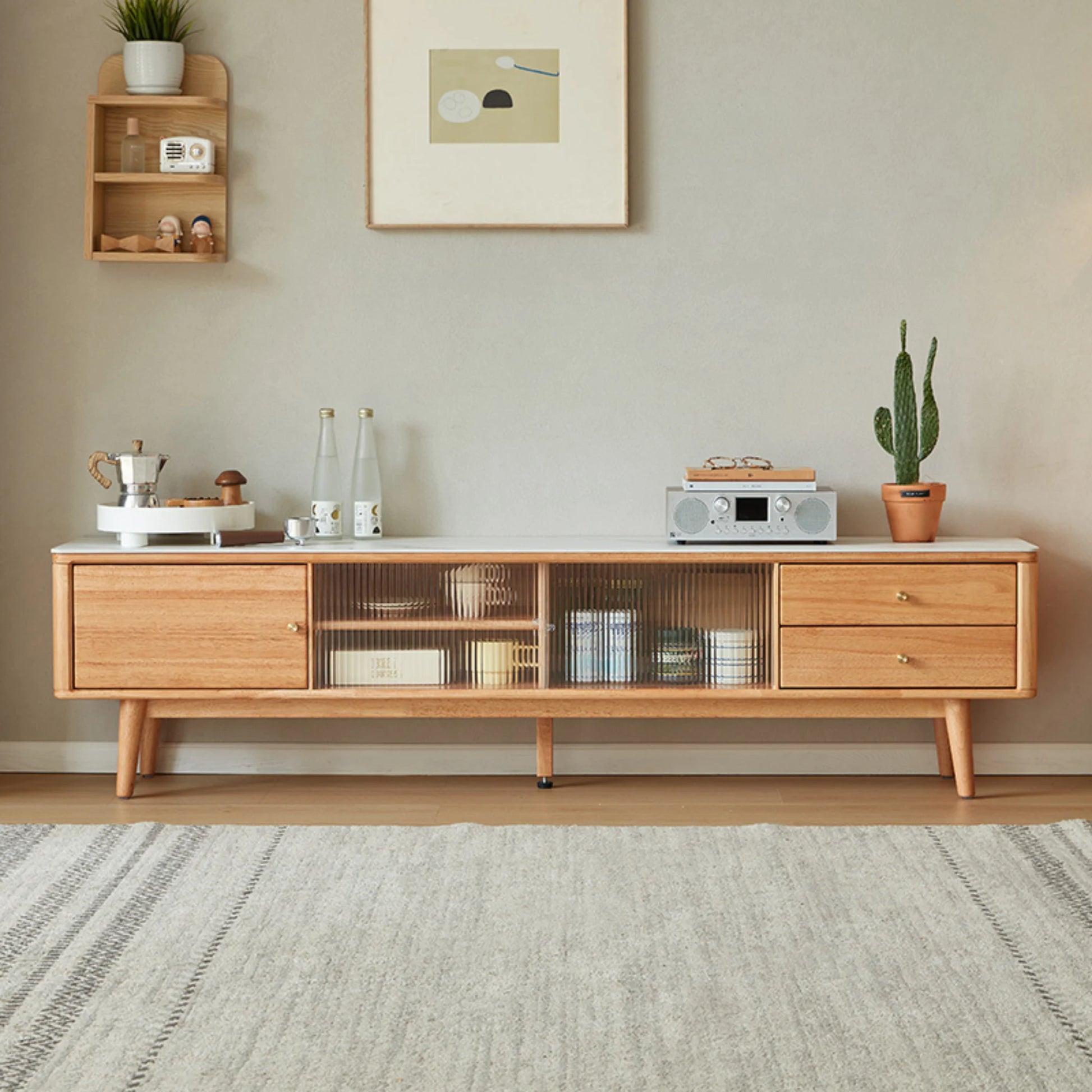 Linspire Ventus Solid Wood Entertainment Unit with Sintered Marble Top, Natural Wood