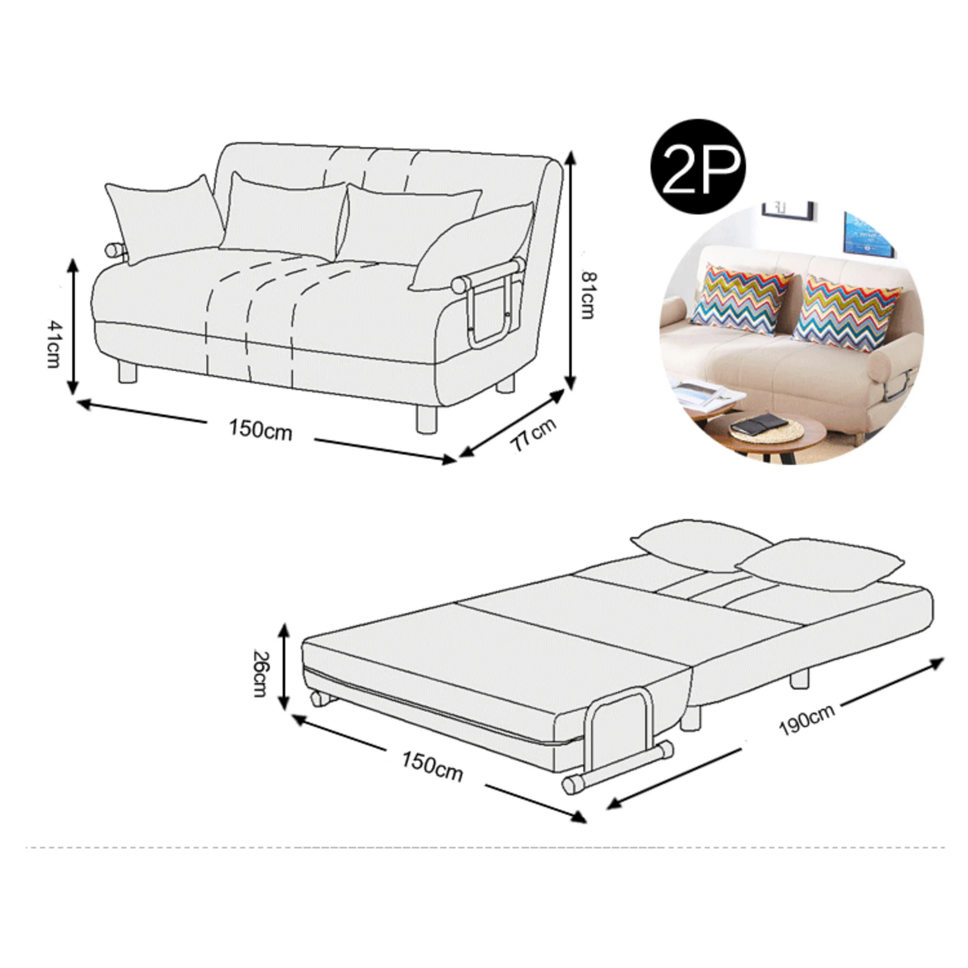 Urbana Flip-n-Sleep 2-Seater Sofa Bed, 150cm, Ivory