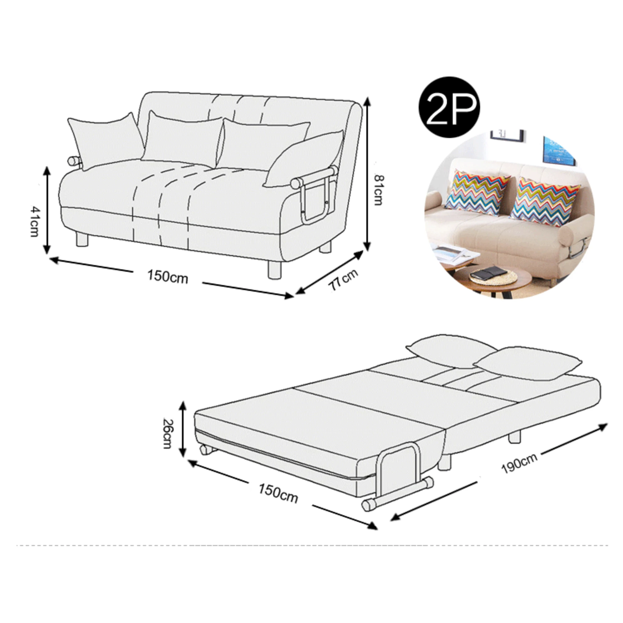 Urbana Flip-n-Sleep 2-Seater Sofa Bed, 150cm, Ivory