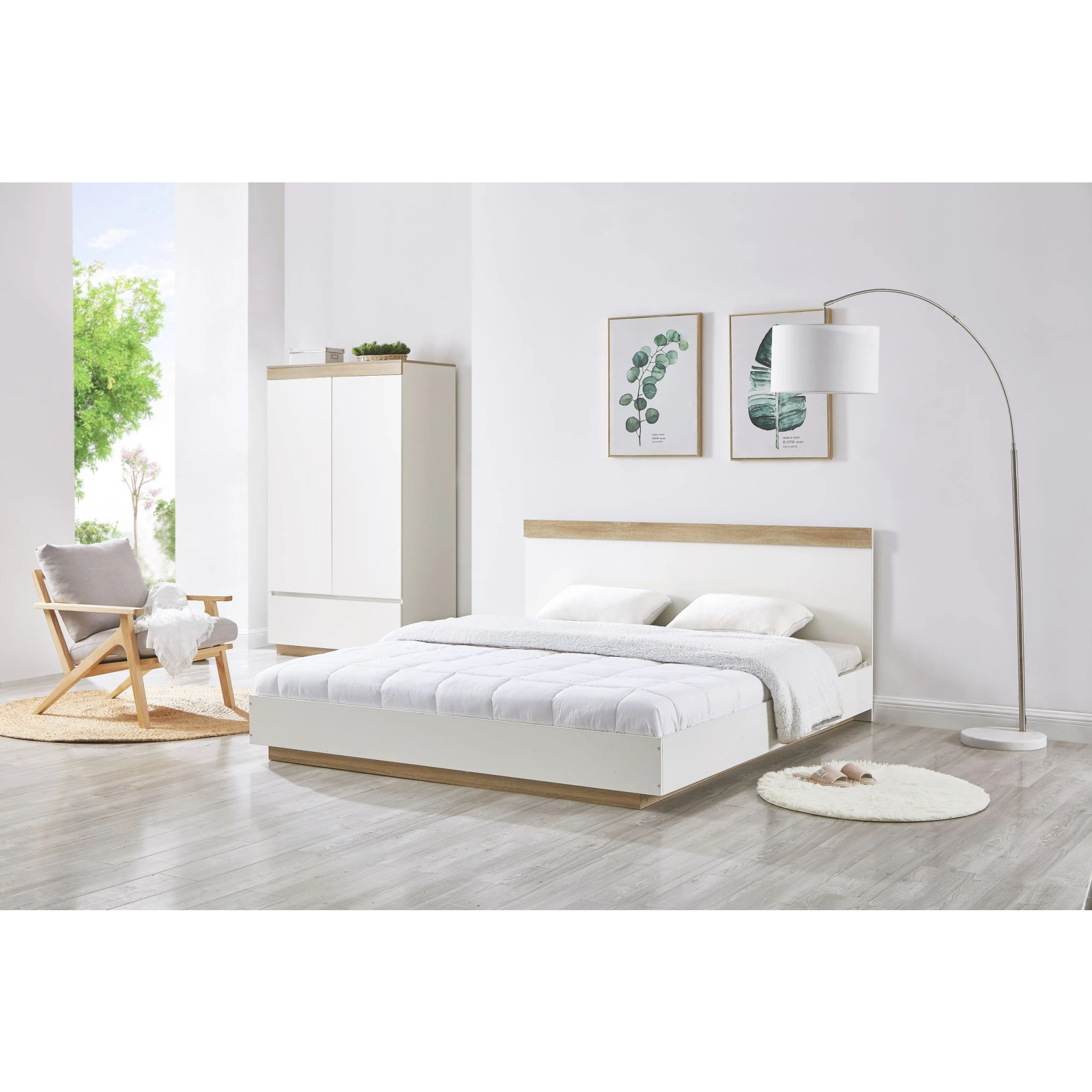 Lifely Cuppa Wooden Bed Frame, White, Natural Wood