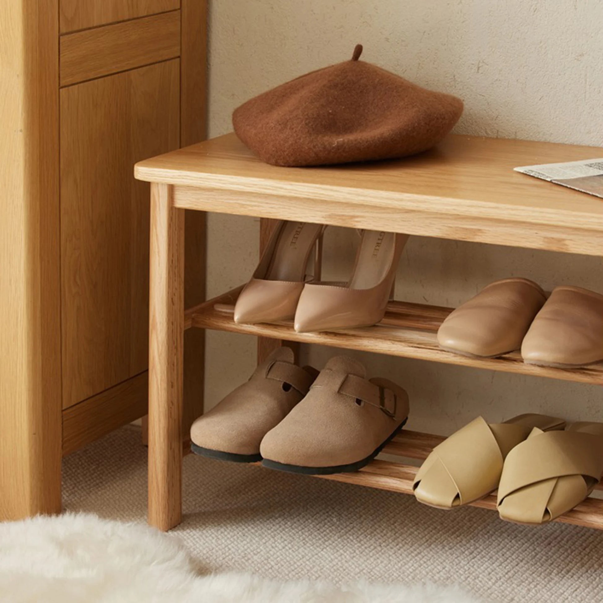 Solidwood Fuji Shoe Bench, 80x30x42cm, Natural Wood
