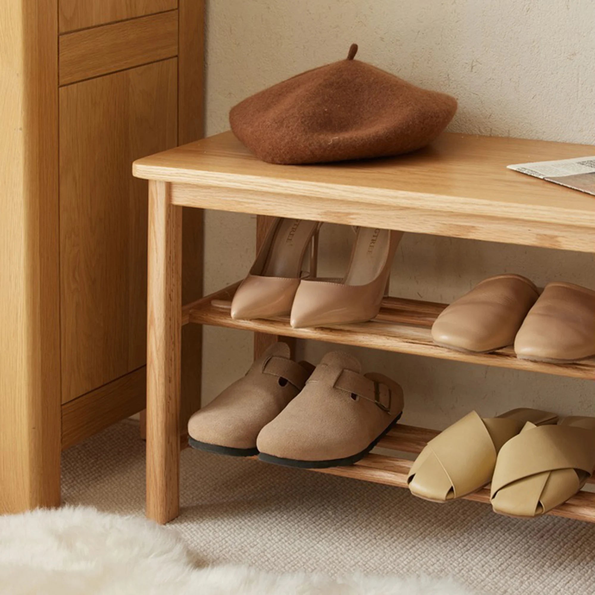 Solidwood Fuji Shoe Bench, 80x30x42cm, Natural Wood