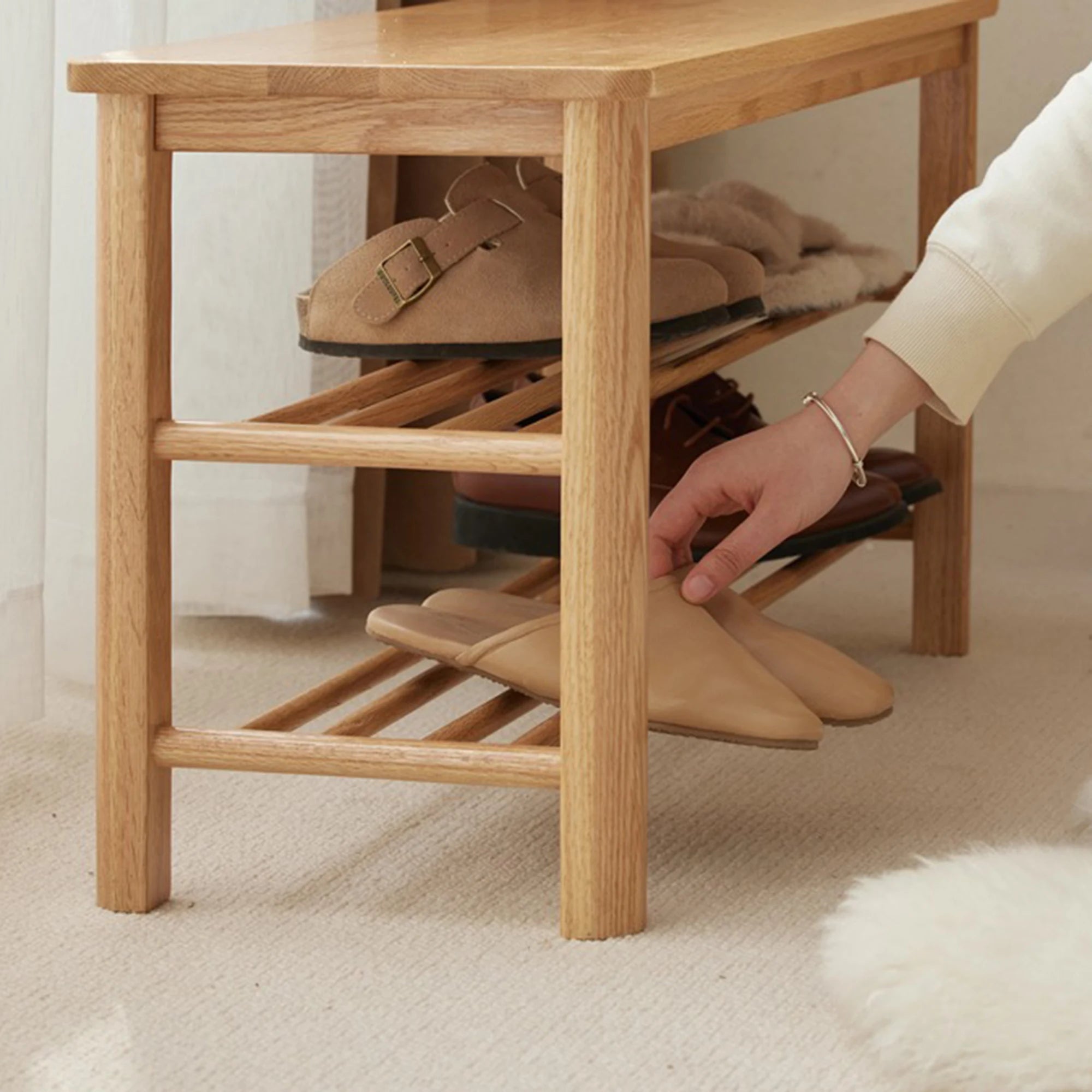 Solidwood Fuji Shoe Bench, 80x30x42cm, Natural Wood