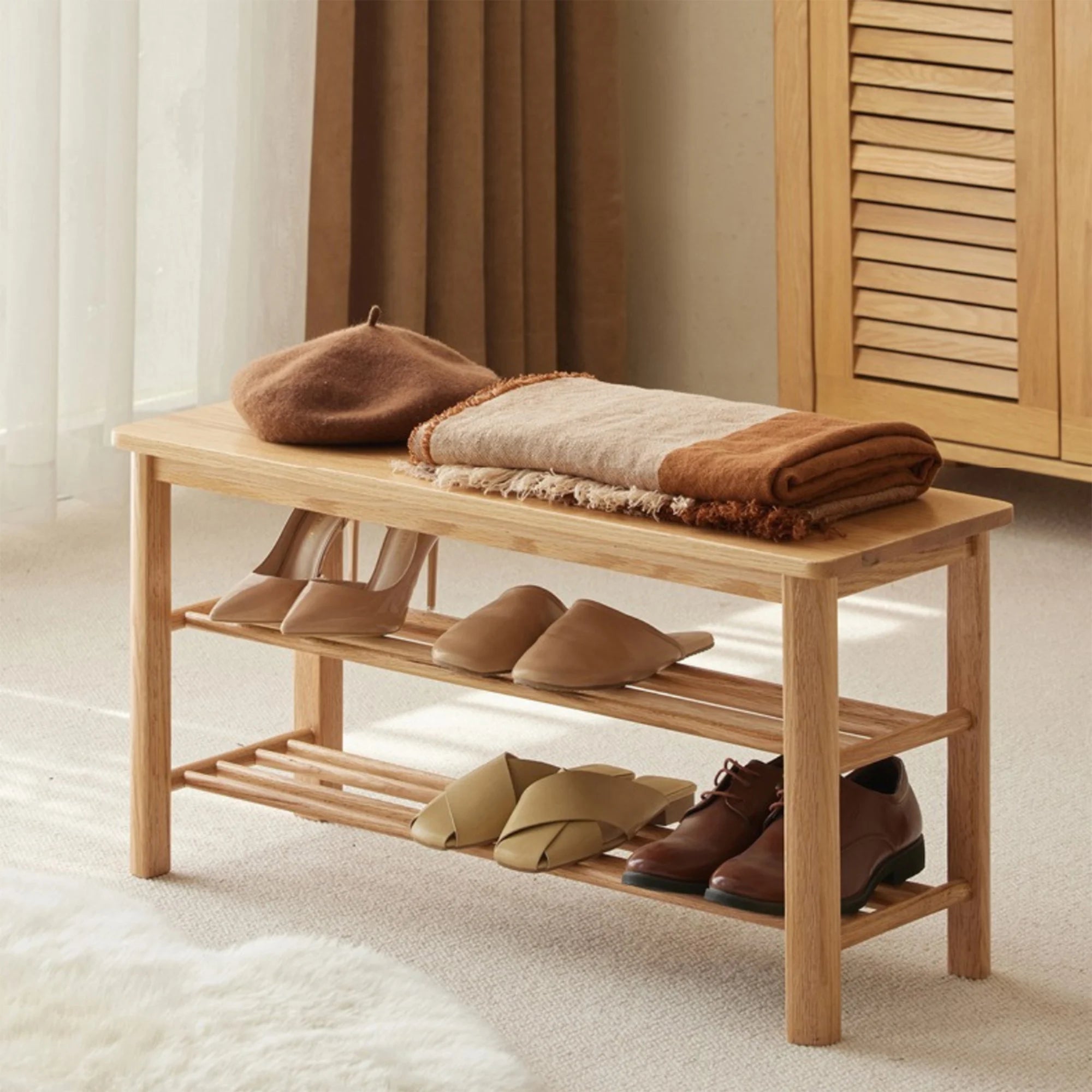 Solidwood Fuji Shoe Bench, 80x30x42cm, Natural Wood
