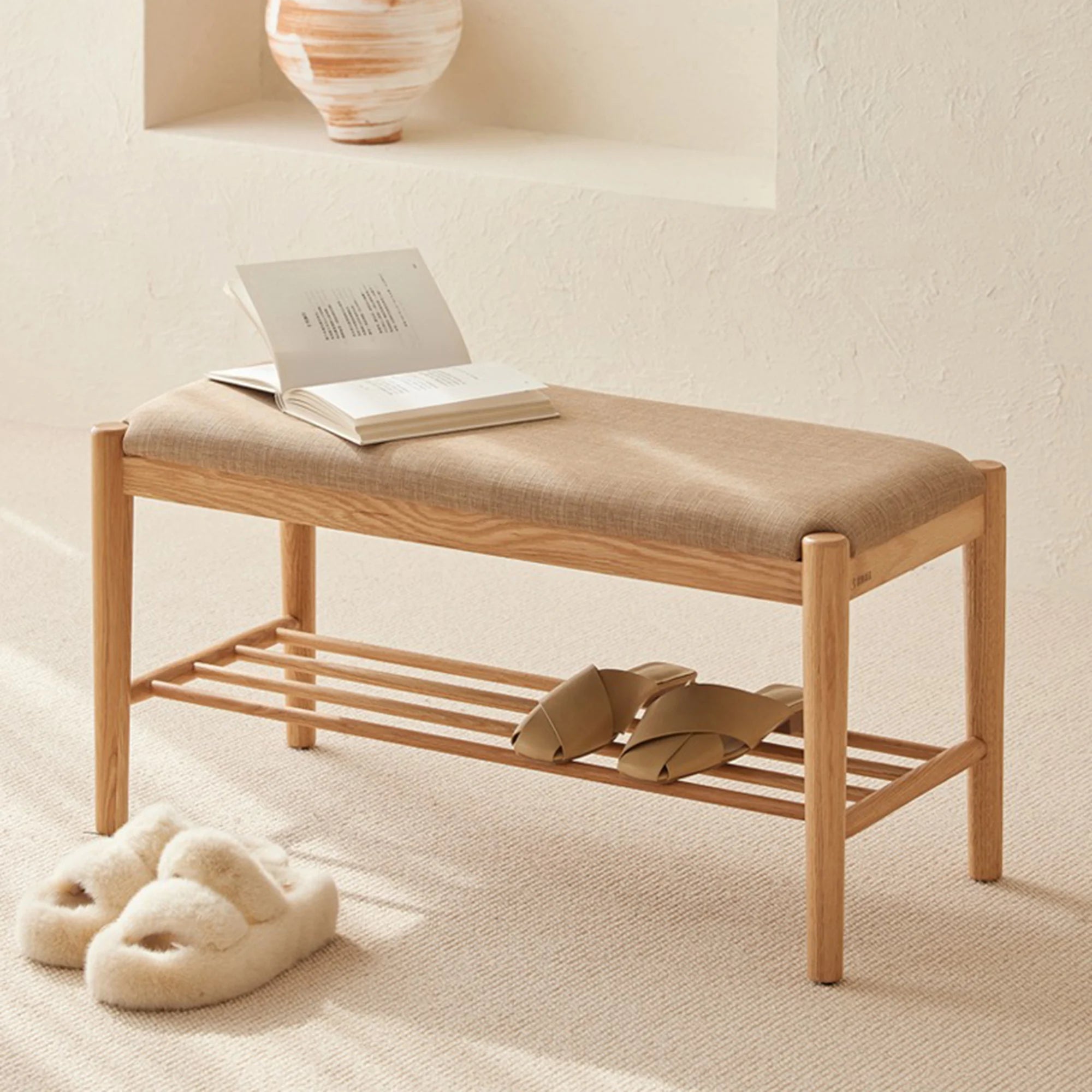 Solidwood Fuji Shoe Bench with cushion, 80x35x42cm, Natural Wood