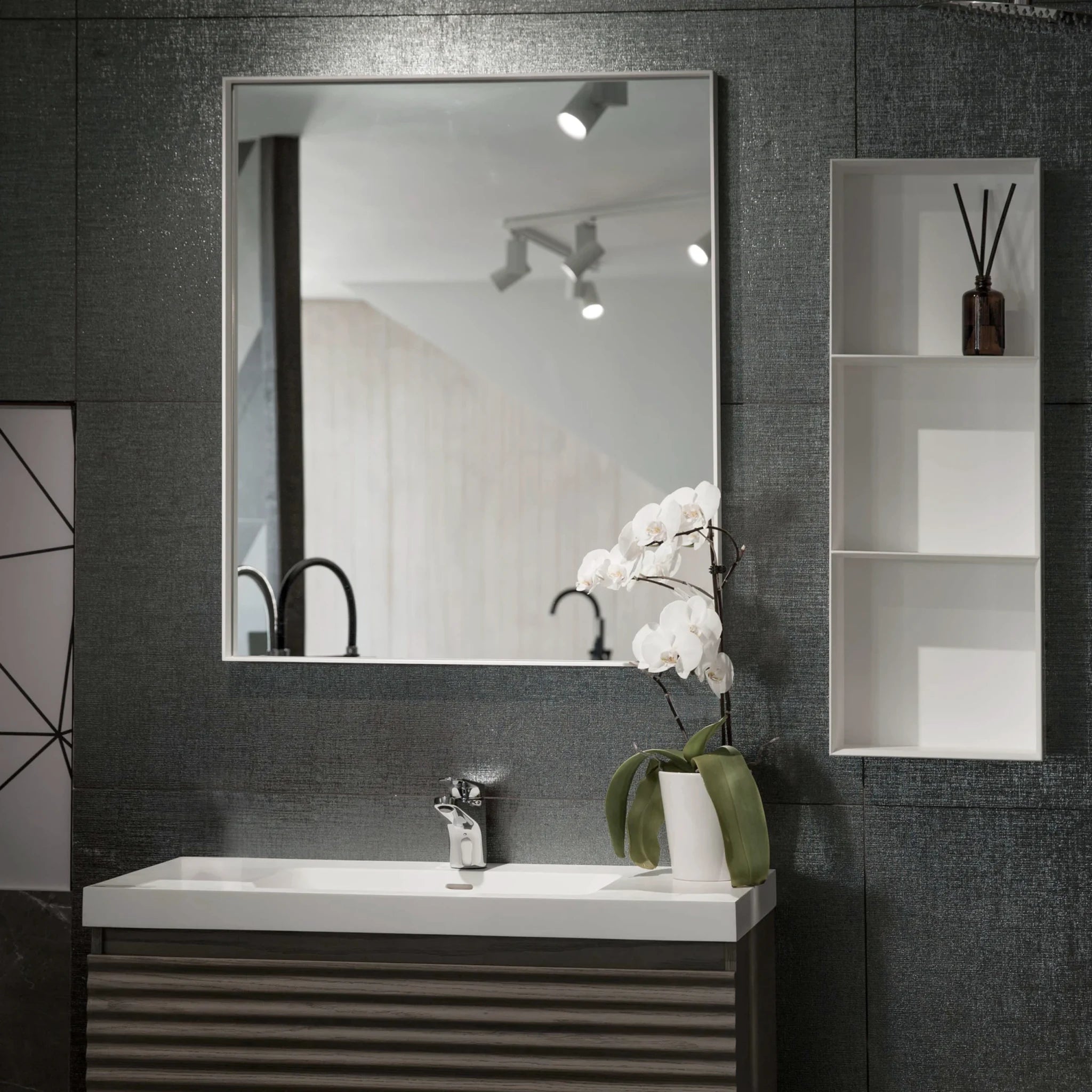 Aruvo Cstone Rectangle Composite Stone Bathroom Mirror White 90cm