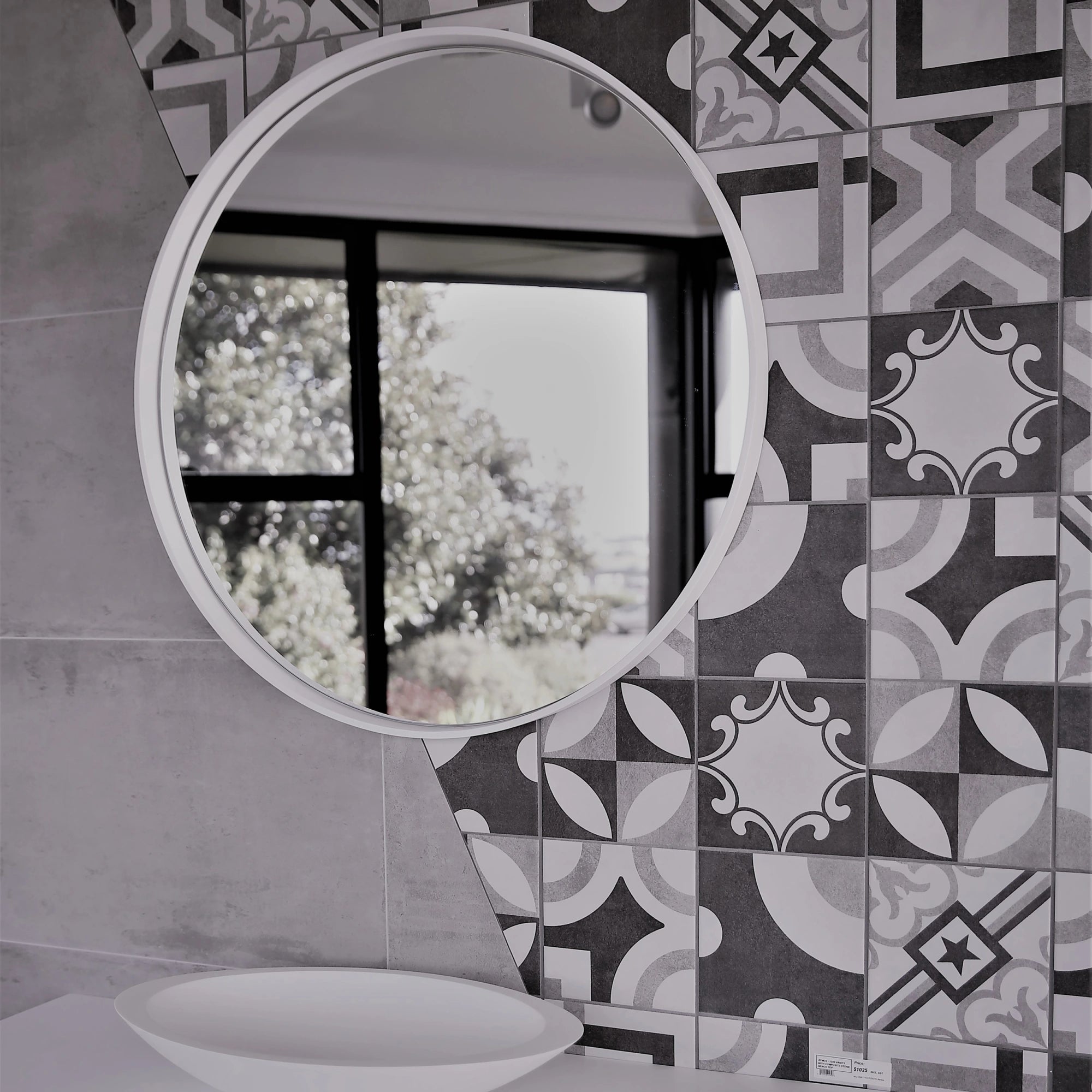 Aruvo Cstone Round Composite Stone Bathroom Mirror White 85cm
