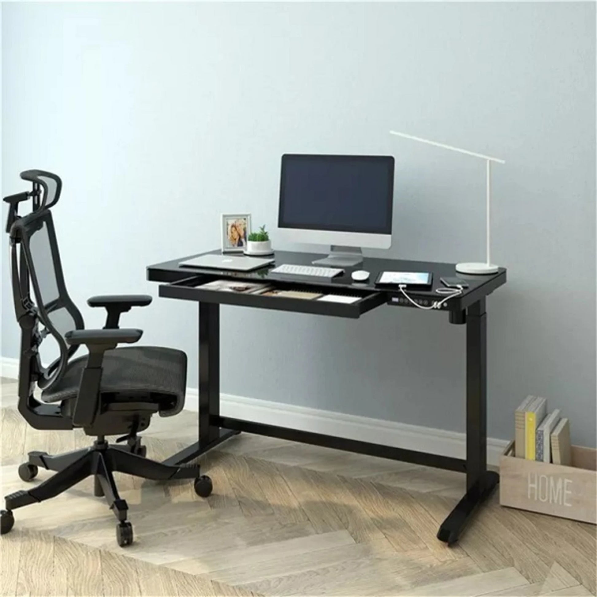 Loctek Et118 All-in-One Standing Desk, With 2 USB-A + 1 USB-C Charging Port, Pull-out Drawer, 120x60cm, Black