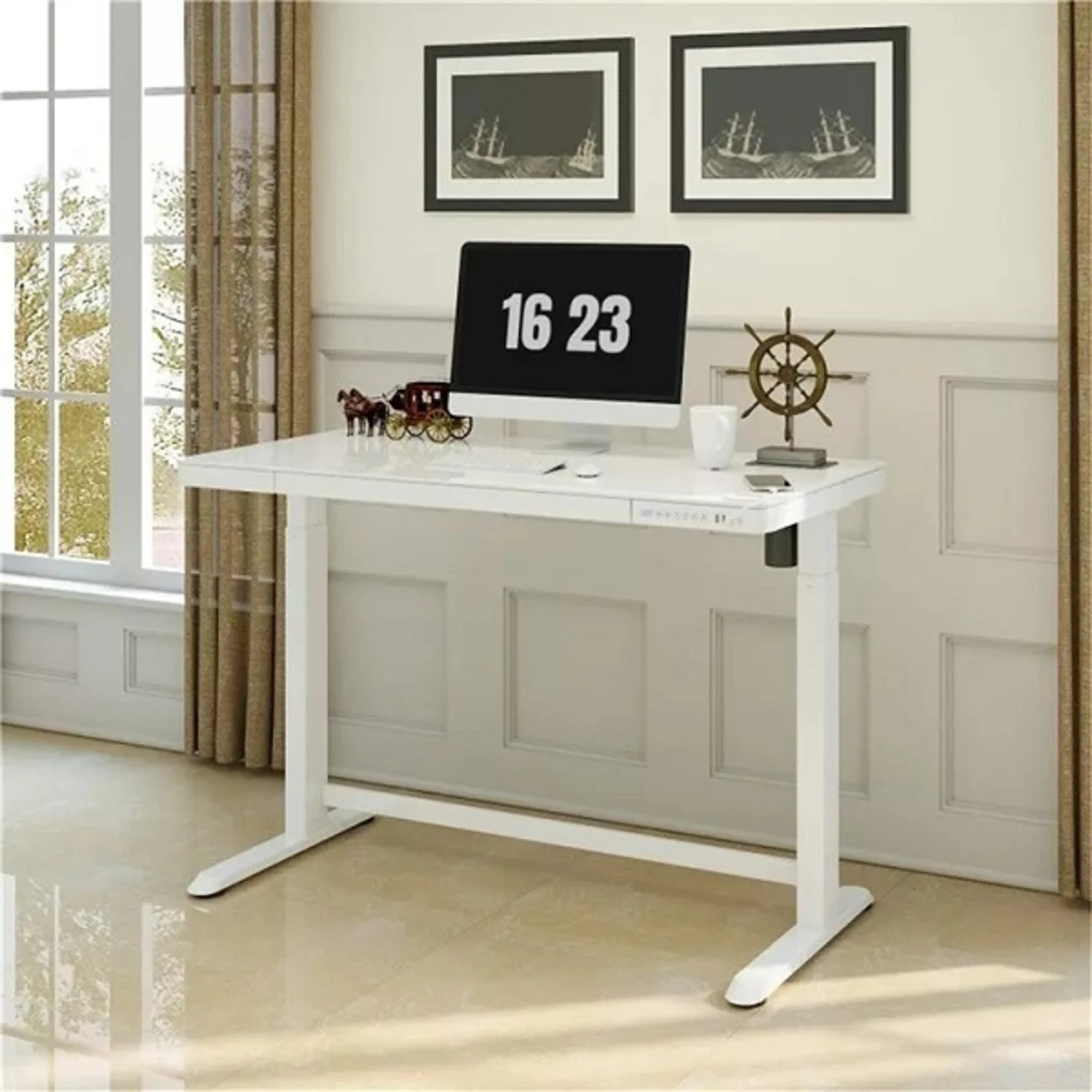 Loctek Et118 All-in-One Standing Desk, With 2 USB-A + 1 USB-C Charging Port, Pull-out Drawer, 120x60cm, White