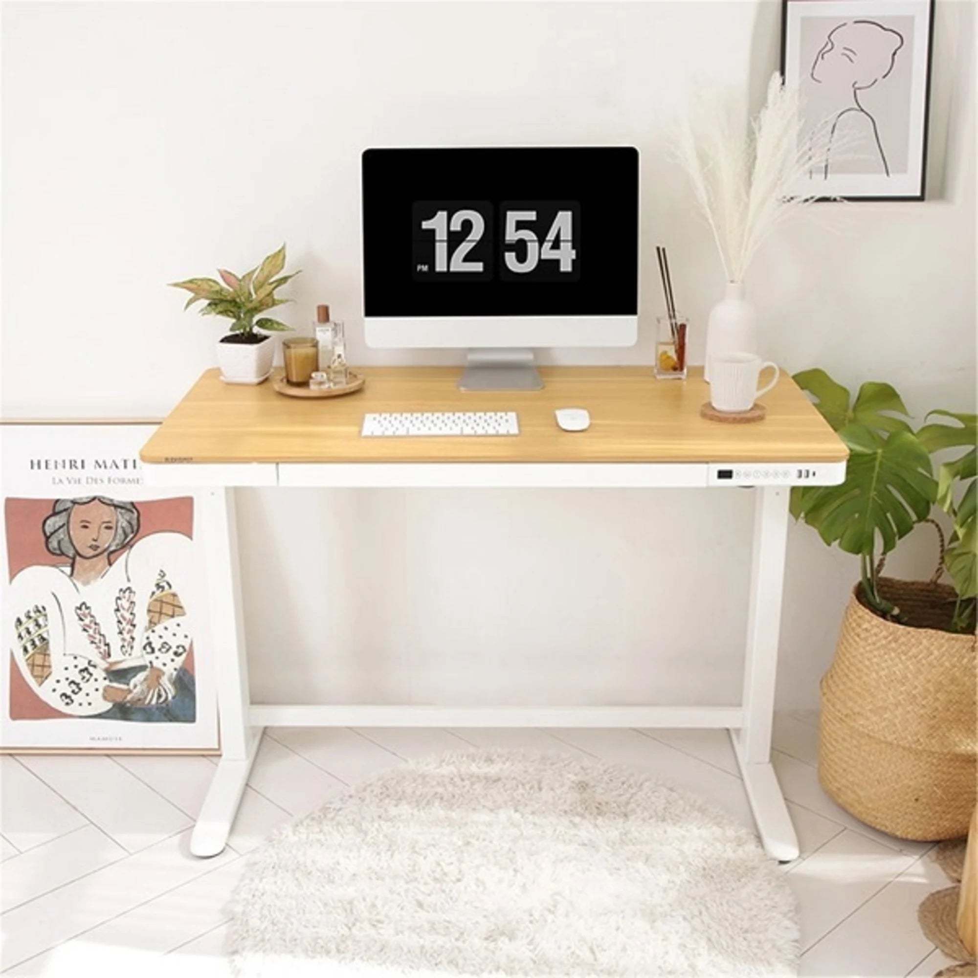 Loctek Et118 All-in-One Standing Desk, With 2 USB-A + 1 USB-C Charging Port, Pull-out Drawer, 120x60cm, Natural Wood & White