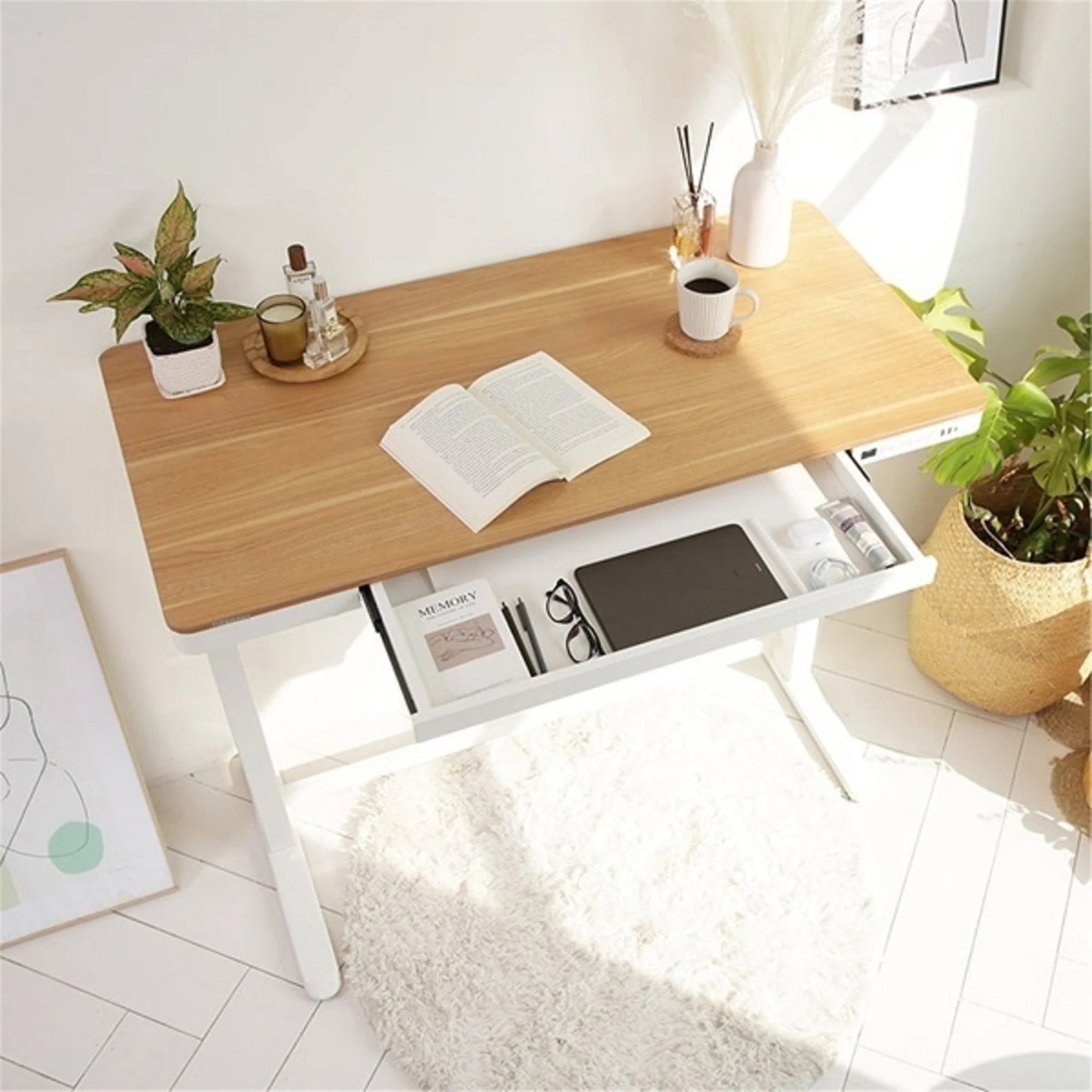 Loctek Et118 All-in-One Standing Desk, With 2 USB-A + 1 USB-C Charging Port, Pull-out Drawer, 120x60cm, Natural Wood & White