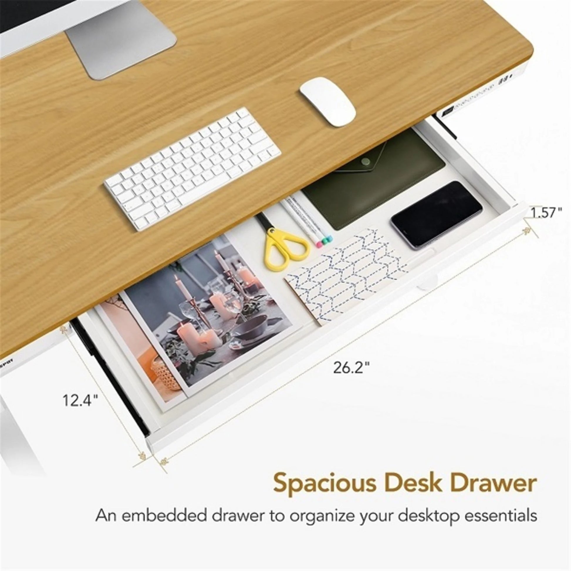 Loctek Et118 All-in-One Standing Desk, With 2 USB-A + 1 USB-C Charging Port, Pull-out Drawer, 120x60cm, Natural Wood & White