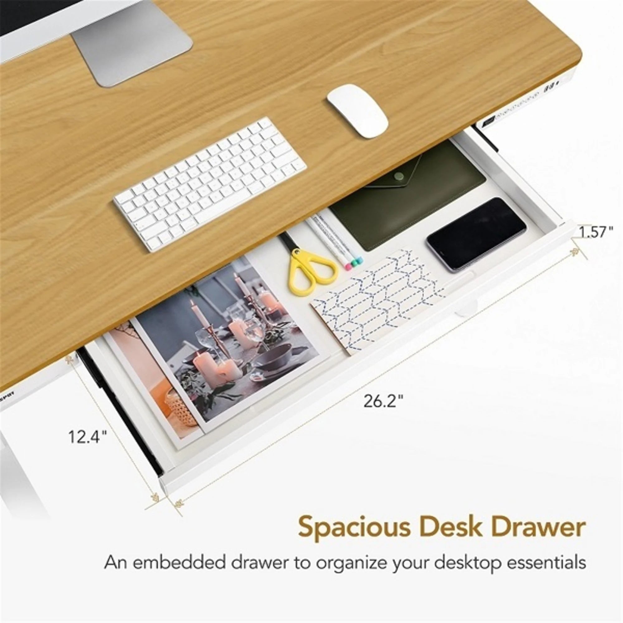 Loctek Et118 All-in-One Standing Desk, With 2 USB-A + 1 USB-C Charging Port, Pull-out Drawer, 120x60cm, Natural Wood & White