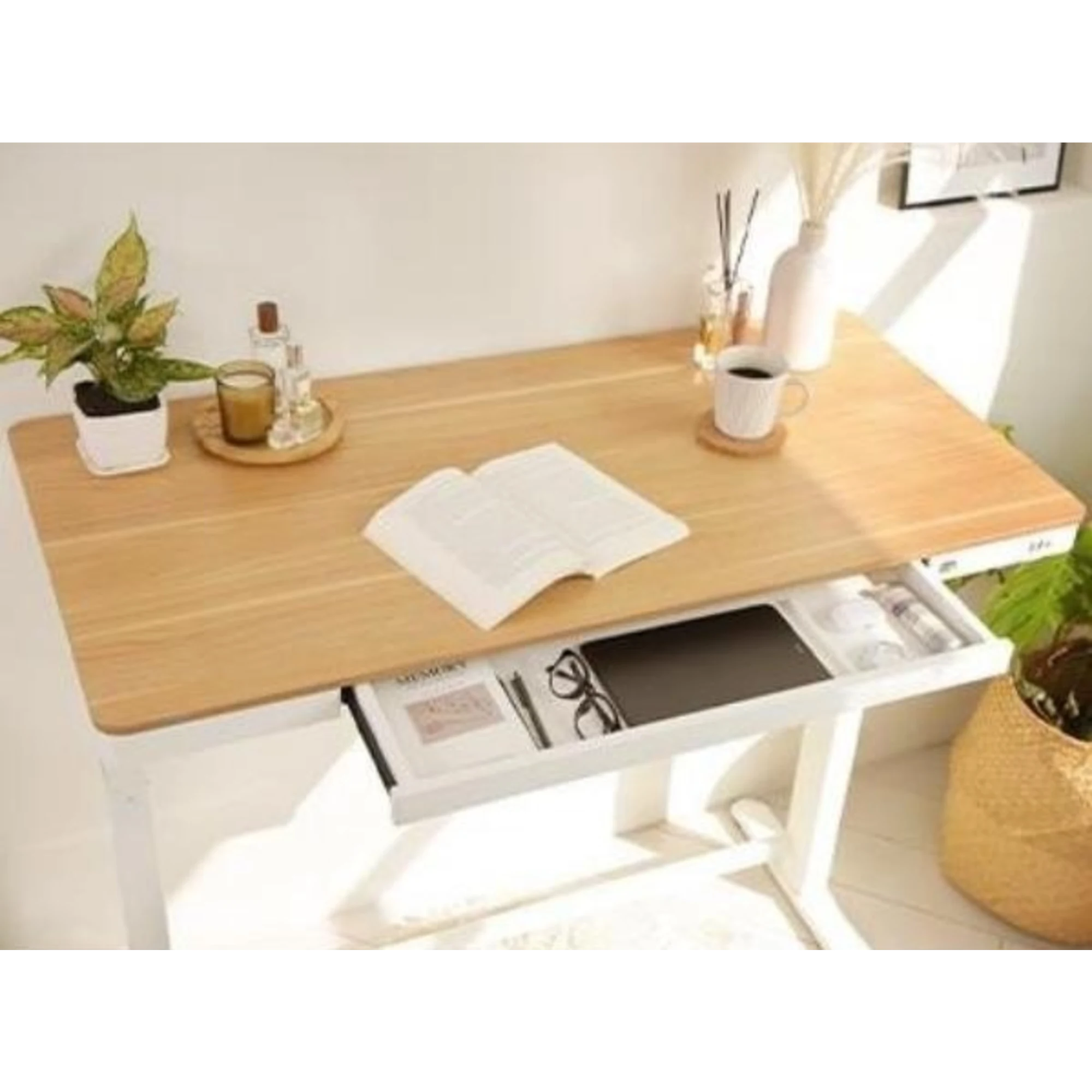 Loctek Et118 All-in-One Standing Desk, With 2 USB-A + 1 USB-C Charging Port, Pull-out Drawer, 120x60cm, Natural Wood & White