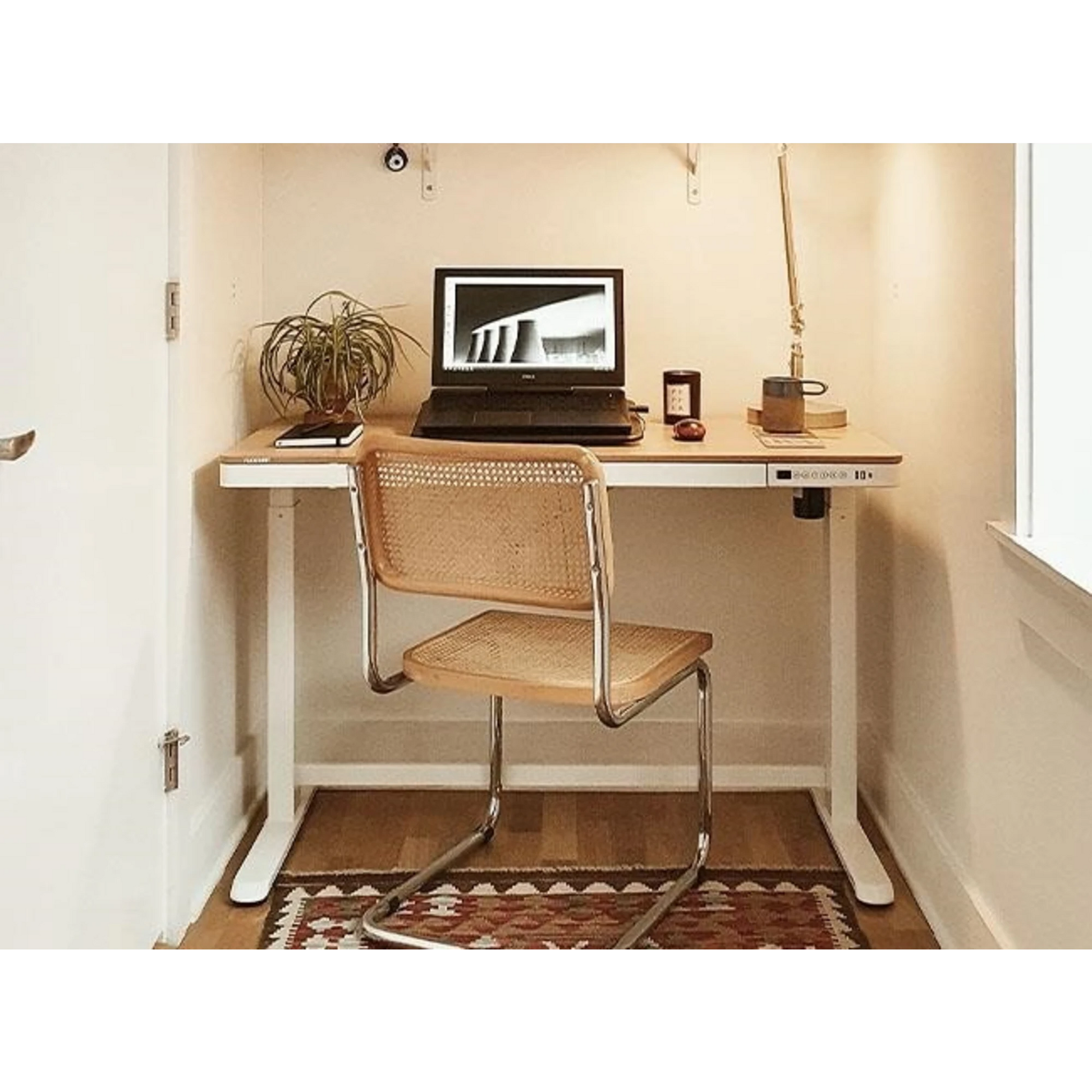 Loctek Et118 All-in-One Standing Desk, With 2 USB-A + 1 USB-C Charging Port, Pull-out Drawer, 120x60cm, Natural Wood & White