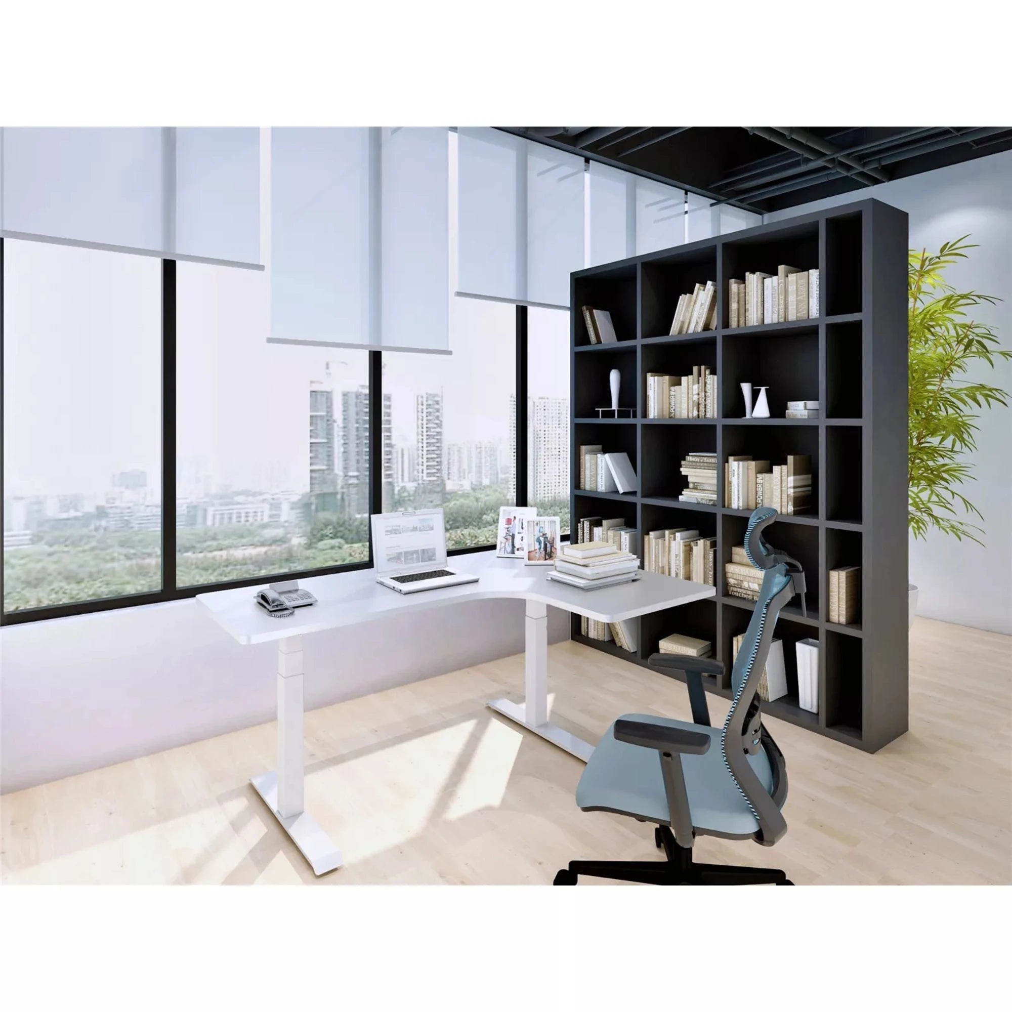 Loctek ET223DL L-Shape Ergonomic Standing Office Desk, Electric Height Adjustable With Dual Motors, 160x110x59.5cm, White