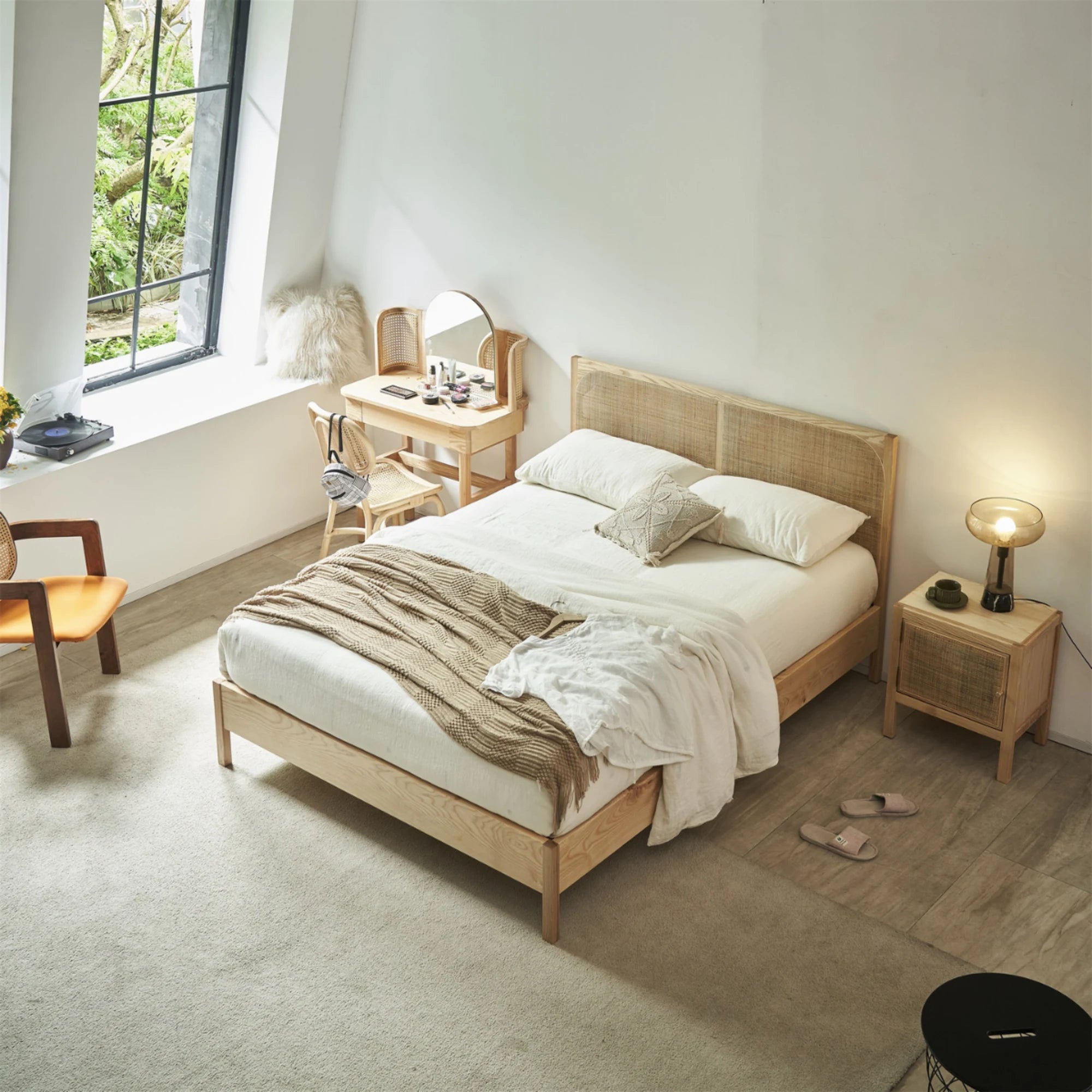 Bohoboho Costa Solid Wood & Rattan Bed Frame, Natural Wood