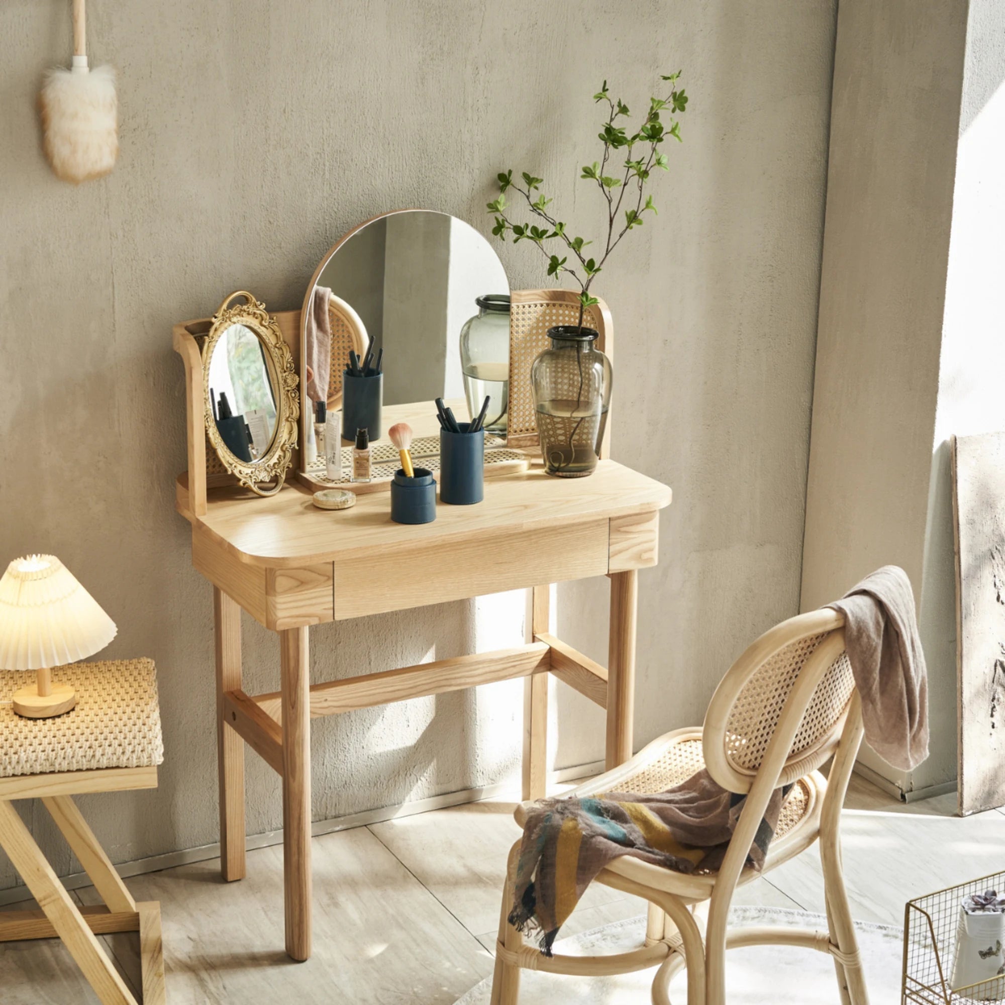 BohoBoho Costa Solid Wood & Rattan Dressing table, Natural Wood, 85x45x107.7cm