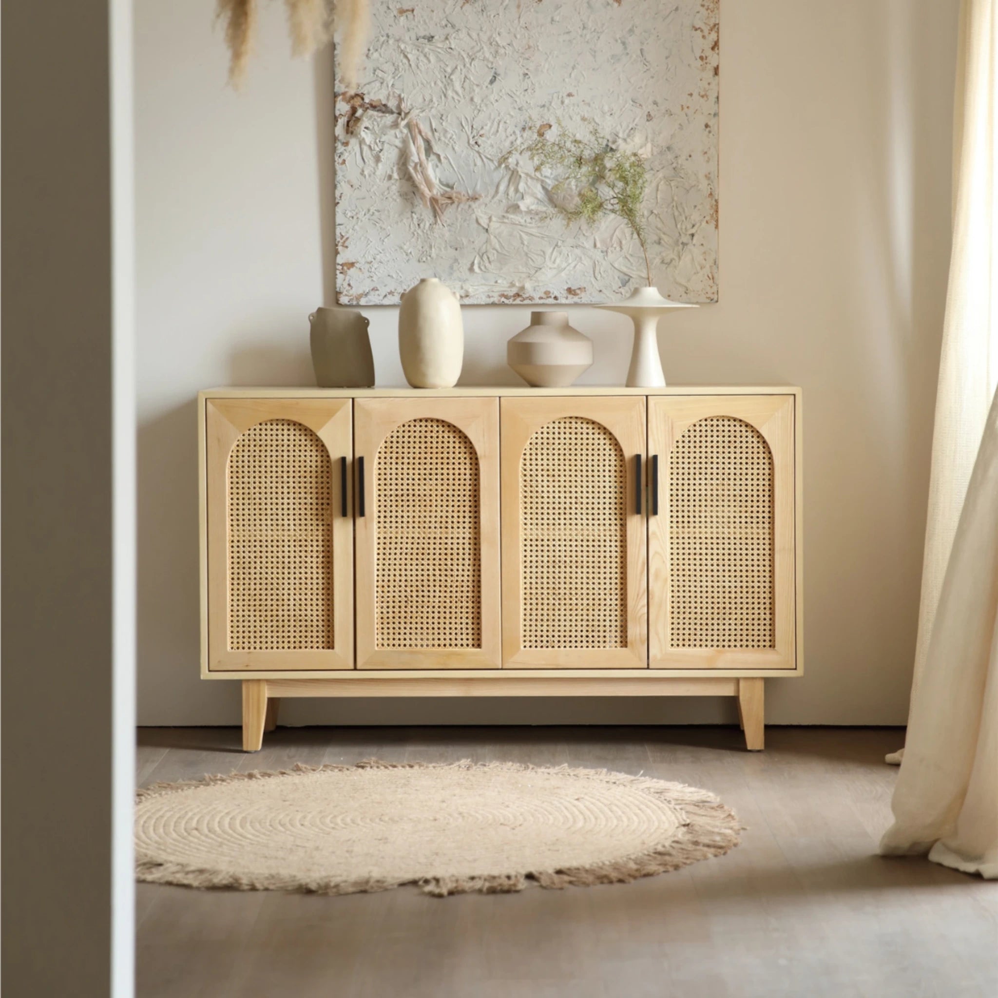 BohoBoho Costa Solid Wood & Rattan 4 Door Arch Sideboard, Natural Wood, 150x35x90cm