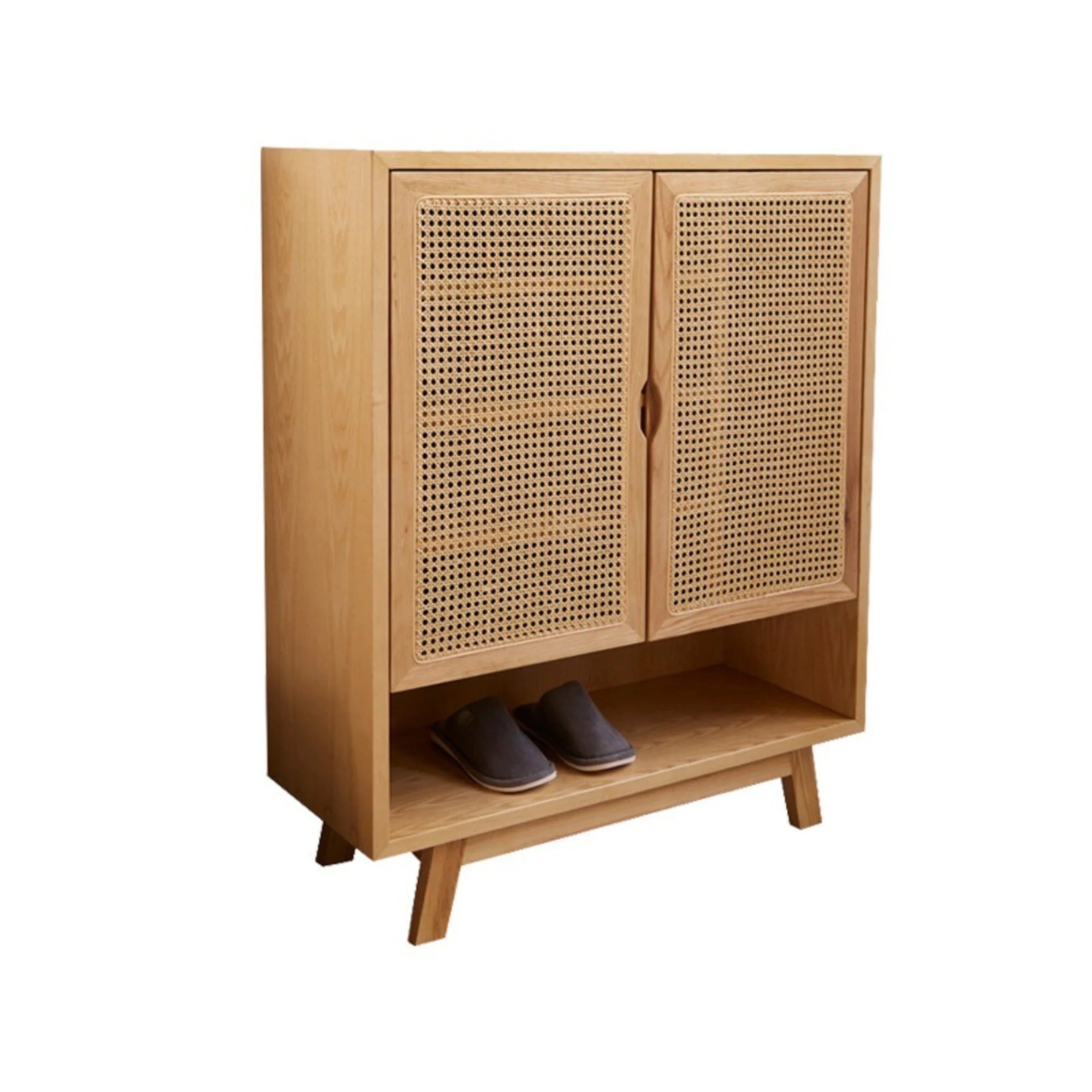 BohoBoho Costa Solid Wood & Rattan Shoe Cabinet, Natural Wood, 90x36x110cm