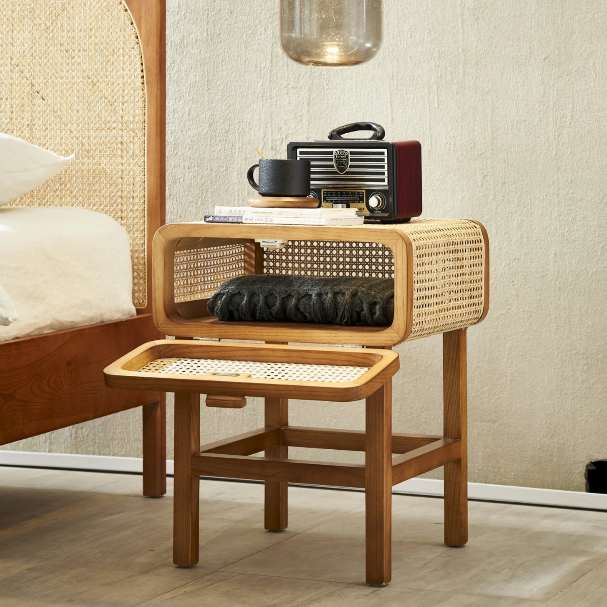 BohoBoho La Mar Solid Wood & Rattan Bedside Table, Natural Wood, 47x43x60cm