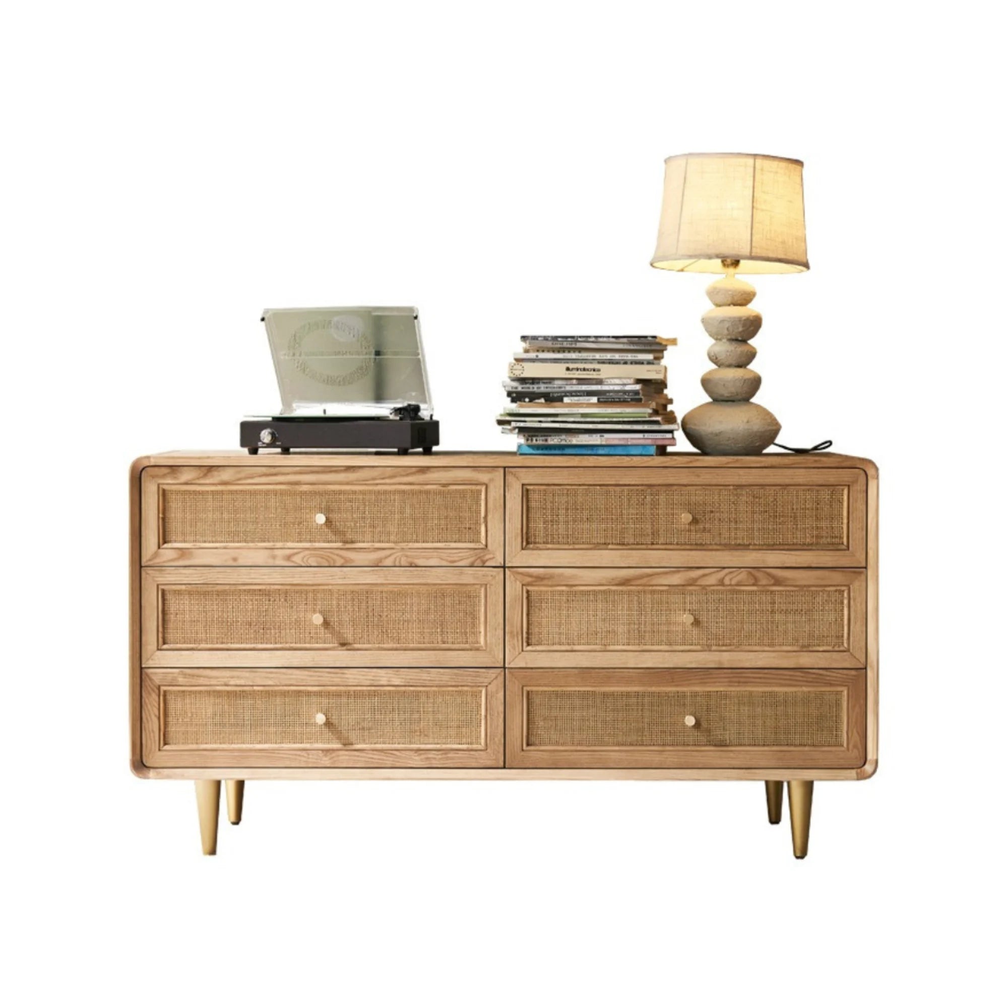 BohoBoho Laxo Solid Wood & Rattan Chest of 6 drawers, Natural Wood, 136x50x80cm