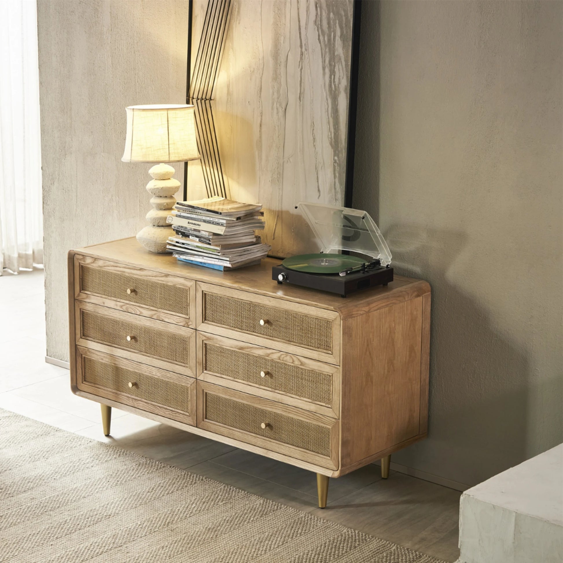 BohoBoho Laxo Solid Wood & Rattan Chest of 6 drawers, Natural Wood, 136x50x80cm