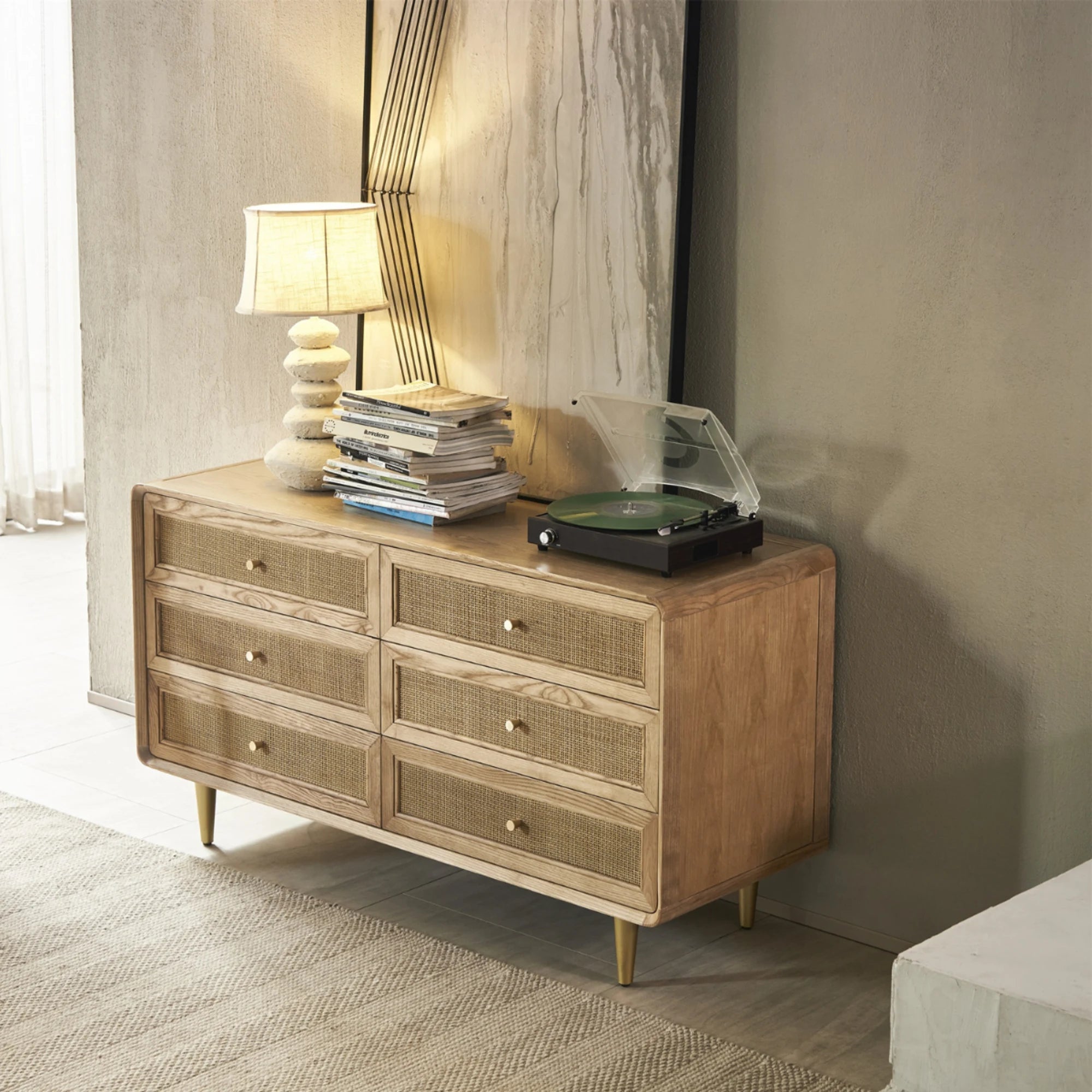 BohoBoho Laxo Solid Wood & Rattan Chest of 6 drawers, Natural Wood, 136x50x80cm