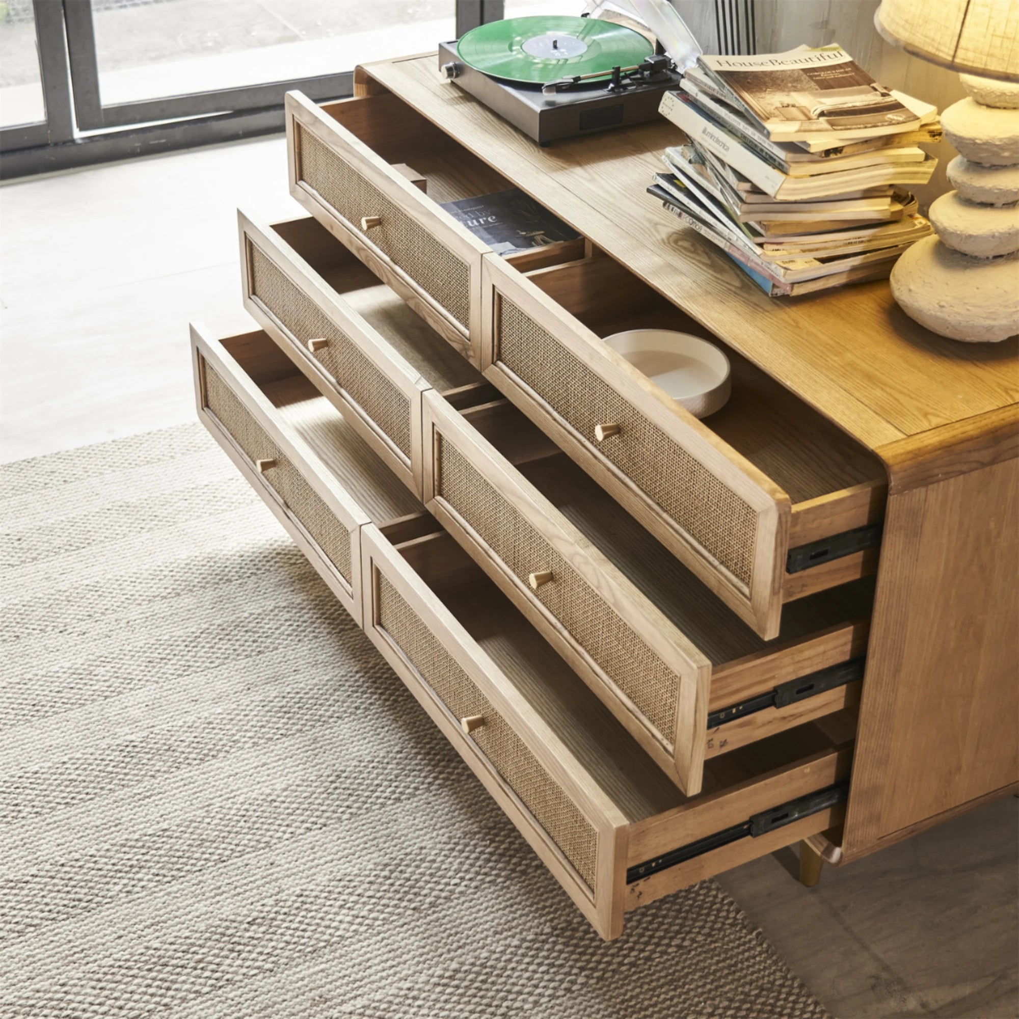 BohoBoho Laxo Solid Wood & Rattan Chest of 6 drawers, Natural Wood, 136x50x80cm