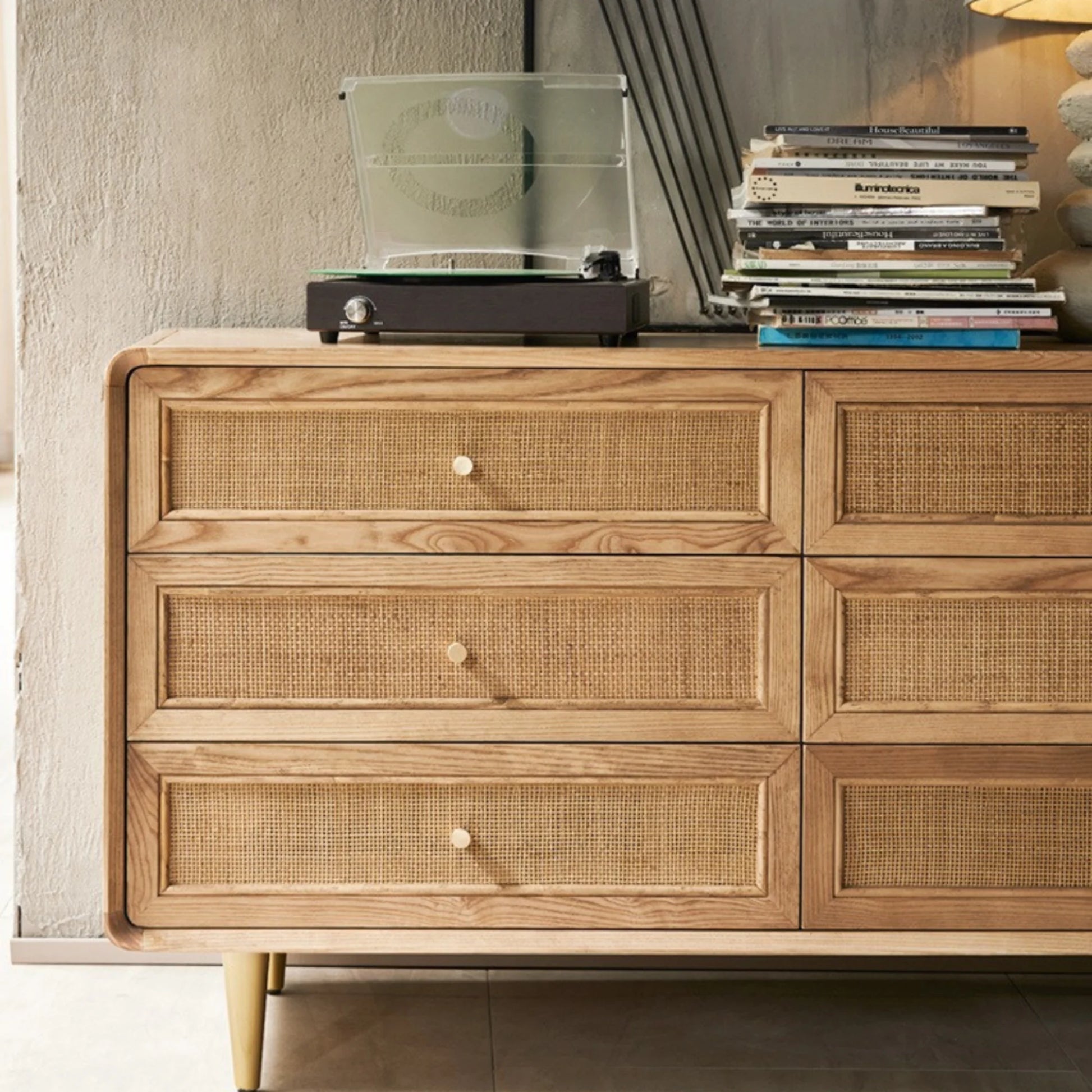 BohoBoho Laxo Solid Wood & Rattan Chest of 6 drawers, Natural Wood, 136x50x80cm