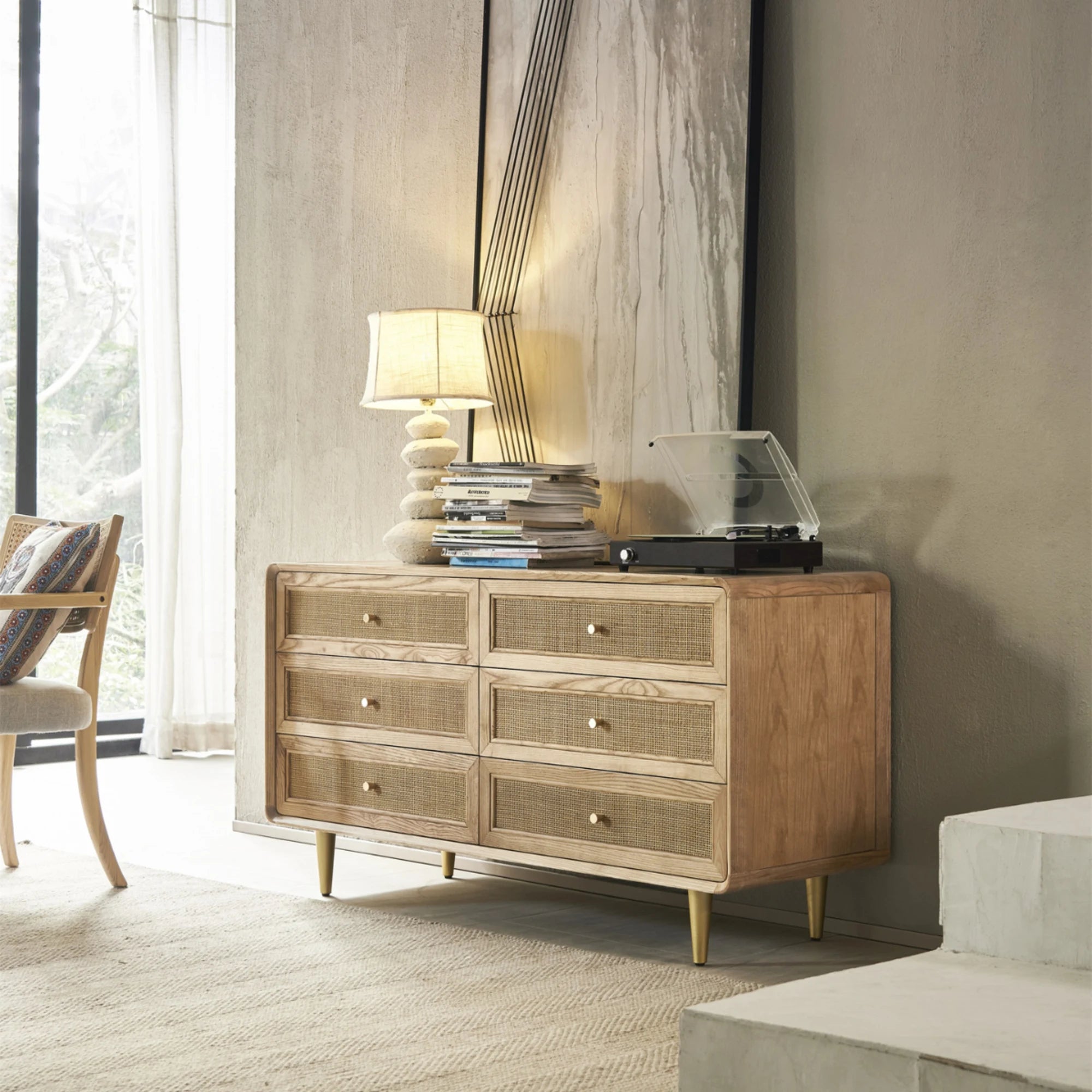 BohoBoho Laxo Solid Wood & Rattan Chest of 6 drawers, Natural Wood, 136x50x80cm