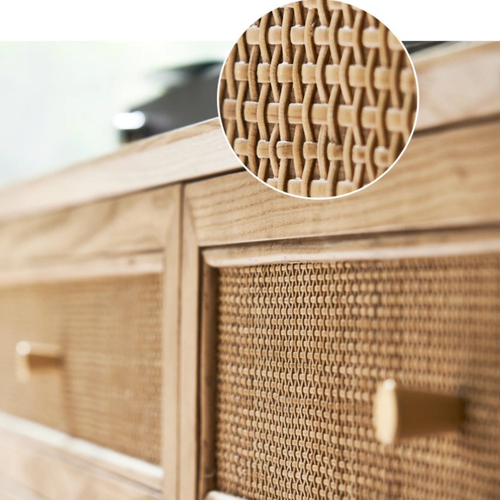 BohoBoho Laxo Solid Wood & Rattan Chest of 6 drawers, Natural Wood, 136x50x80cm