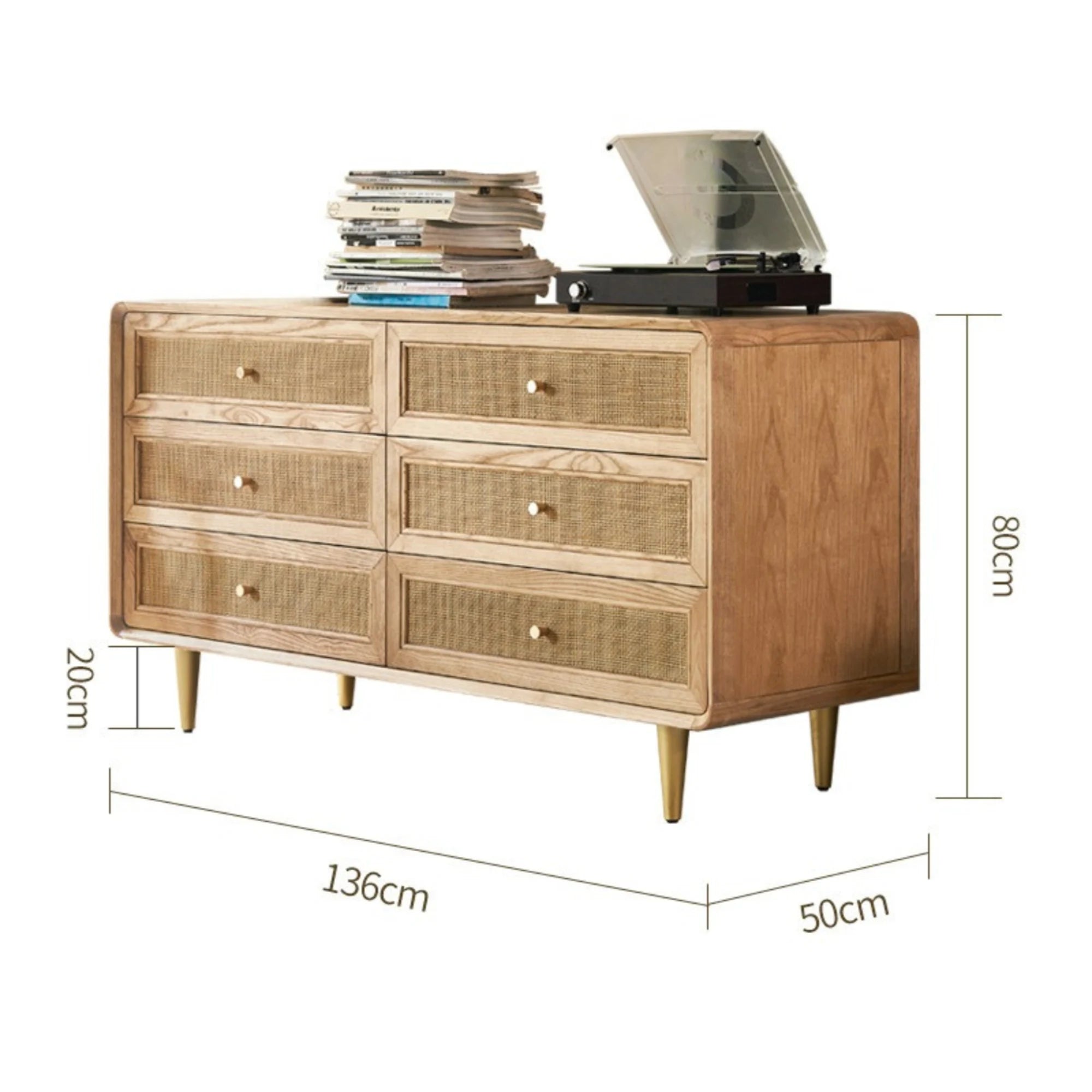 BohoBoho Laxo Solid Wood & Rattan Chest of 6 drawers, Natural Wood, 136x50x80cm