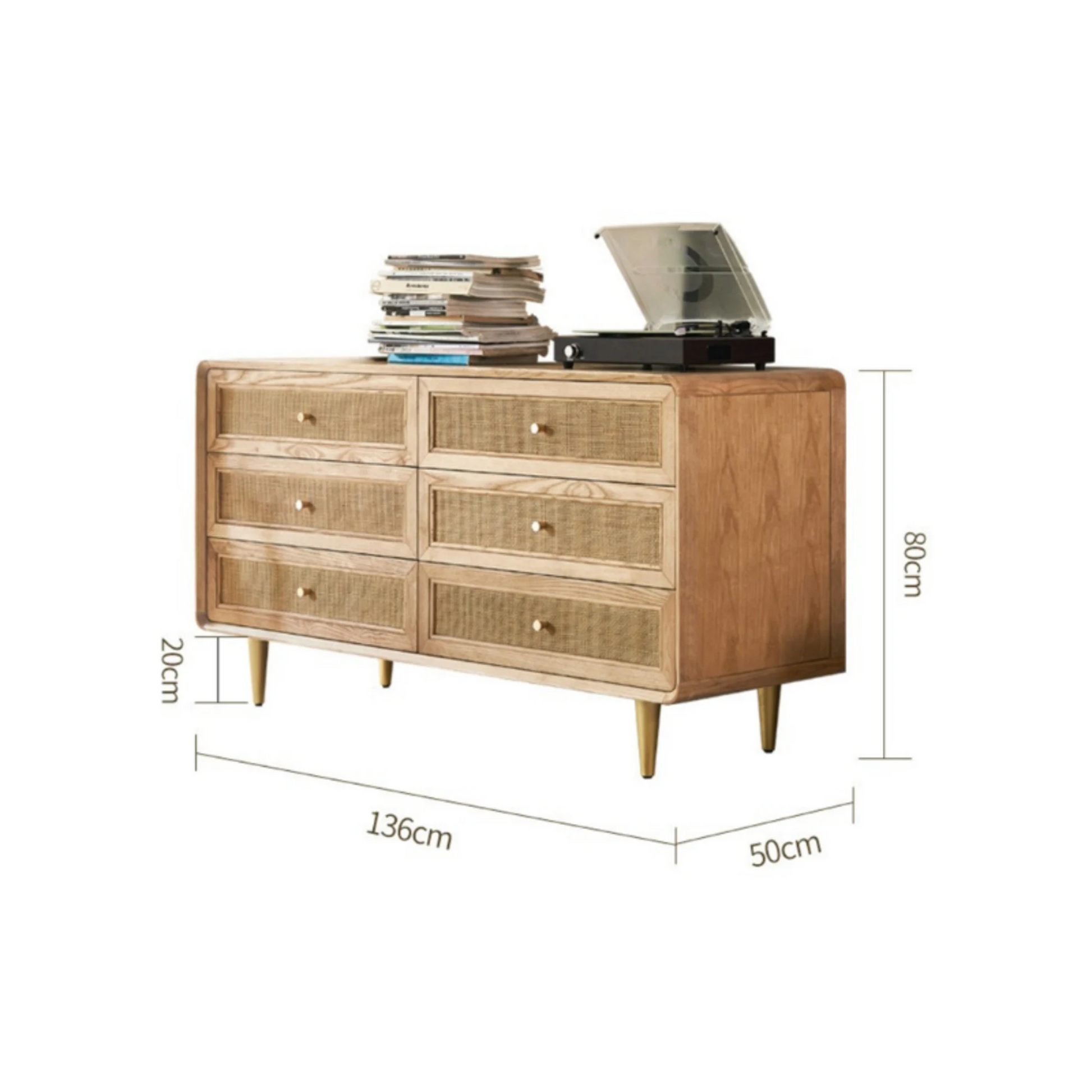 BohoBoho Laxo Solid Wood & Rattan Chest of 6 drawers, Natural Wood, 136x50x80cm