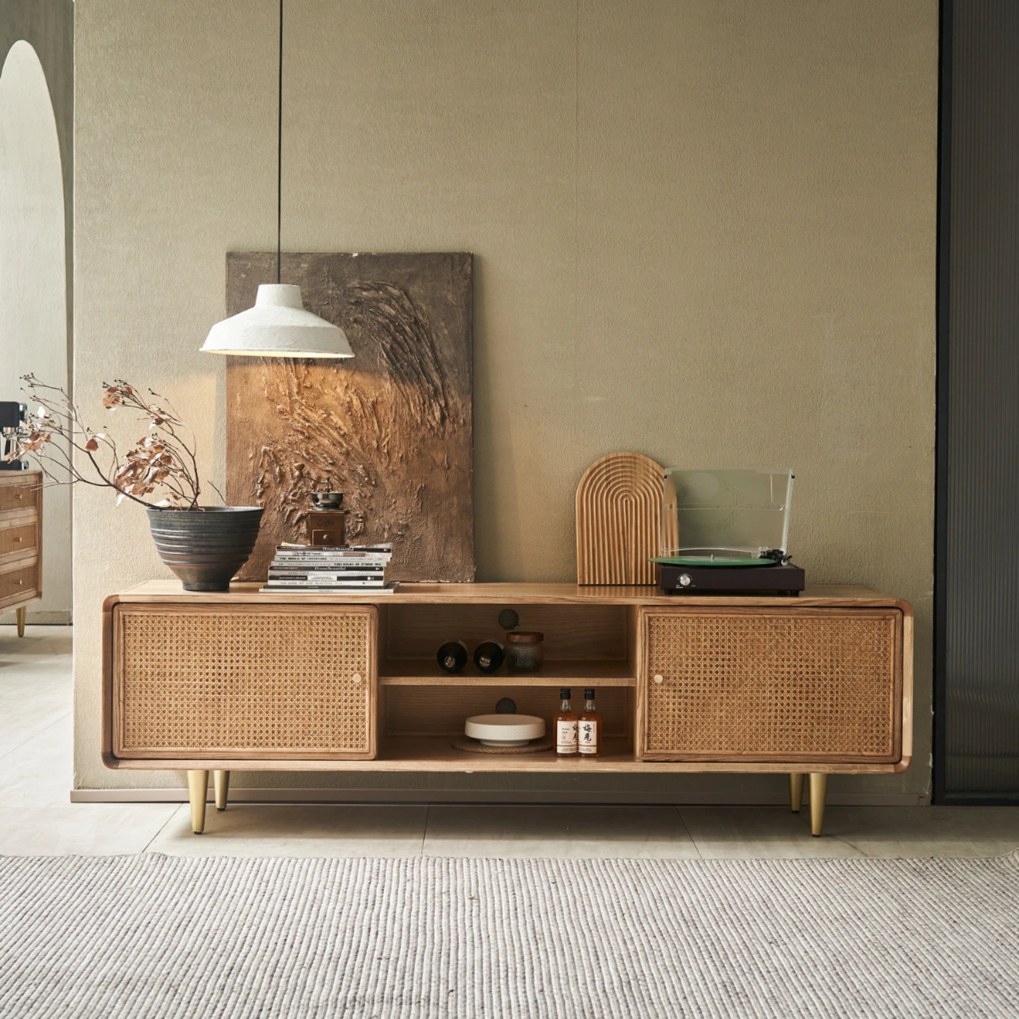 BohoBoho Laxo Solid Wood & Rattan TV unit, Natural Wood, 180x40x60cm