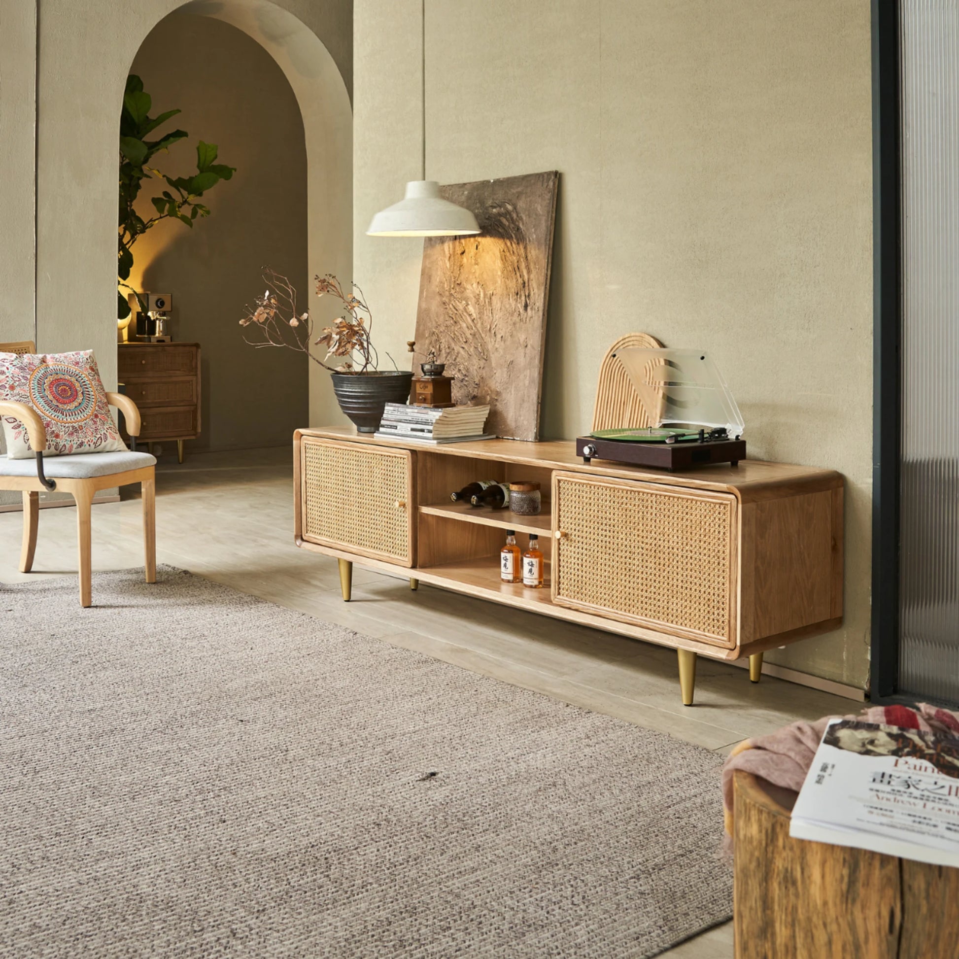 BohoBoho Laxo Solid Wood & Rattan TV unit, Natural Wood, 220x40x60cm