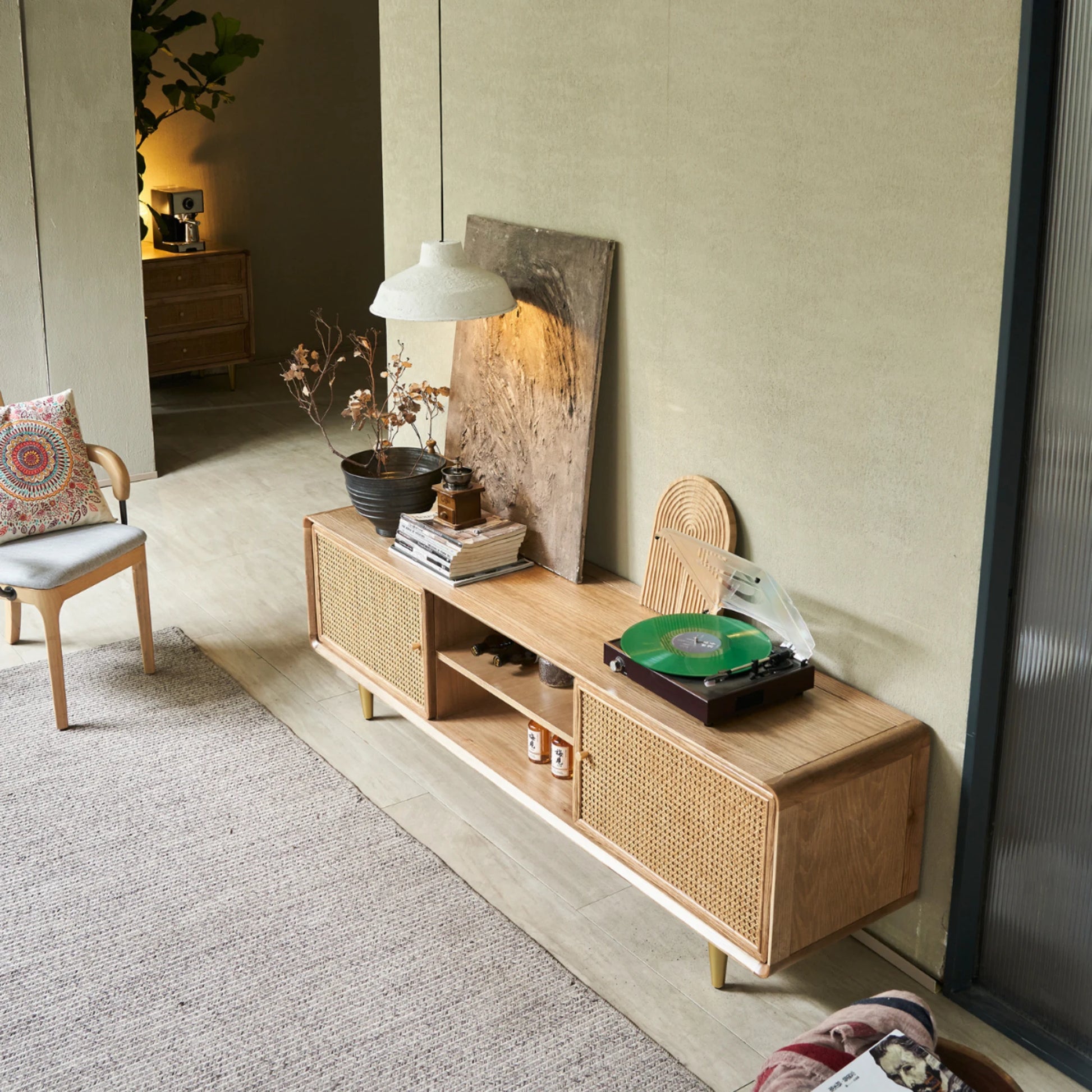 BohoBoho Laxo Solid Wood & Rattan TV unit, Natural Wood, 220x40x60cm